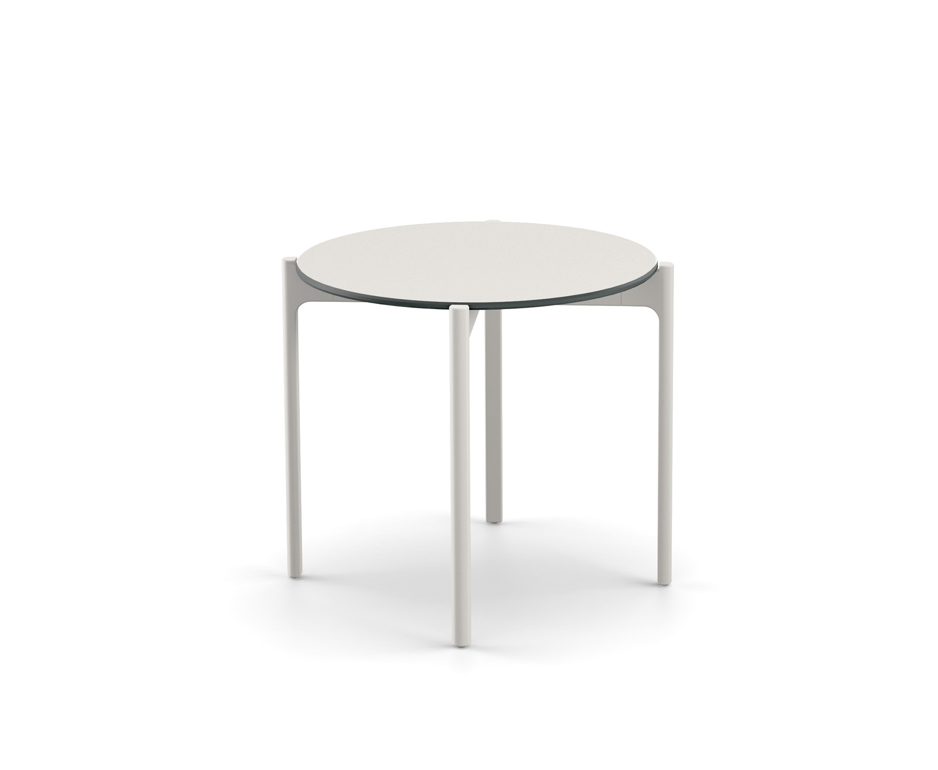 Weißer Izon Beistelltisch von Dedon, runder Gartentisch mit drei Beinen, modernes Design.