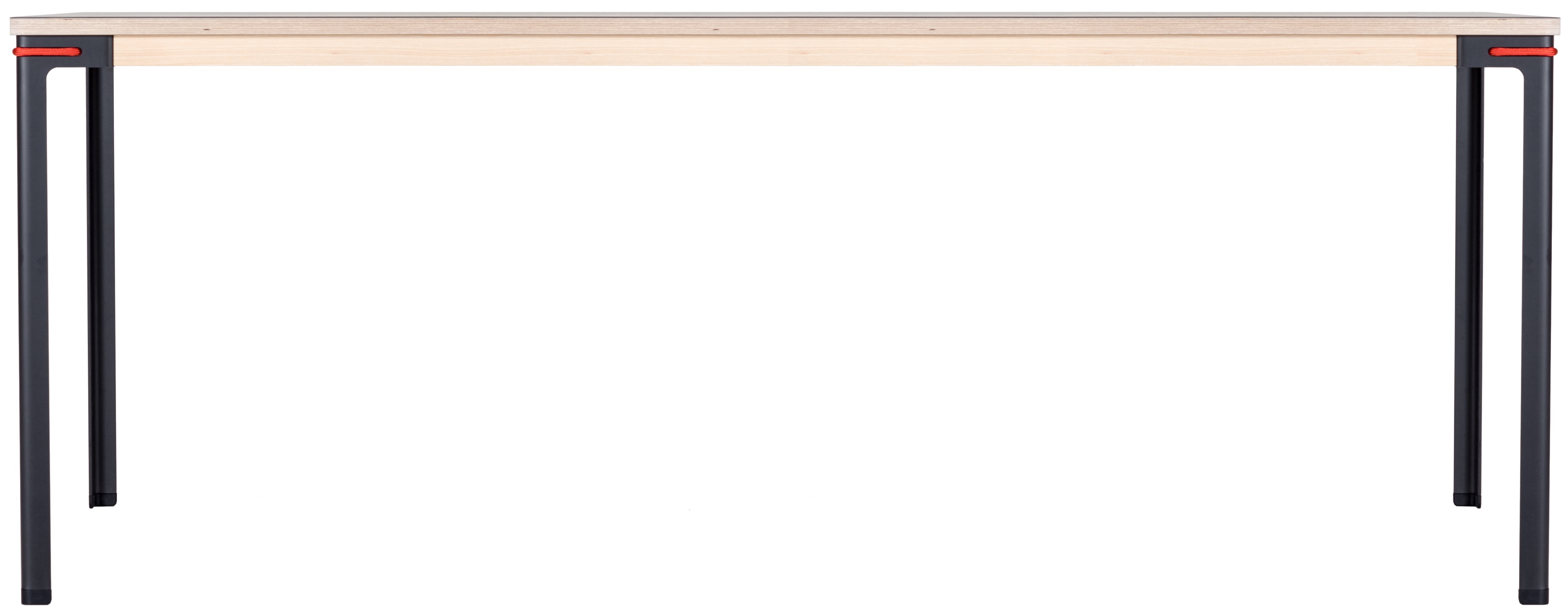Seiltänzer Tisch von Moormann: Heller Holztisch mit schwarzen Beinen und roter Seil-Verbindung.