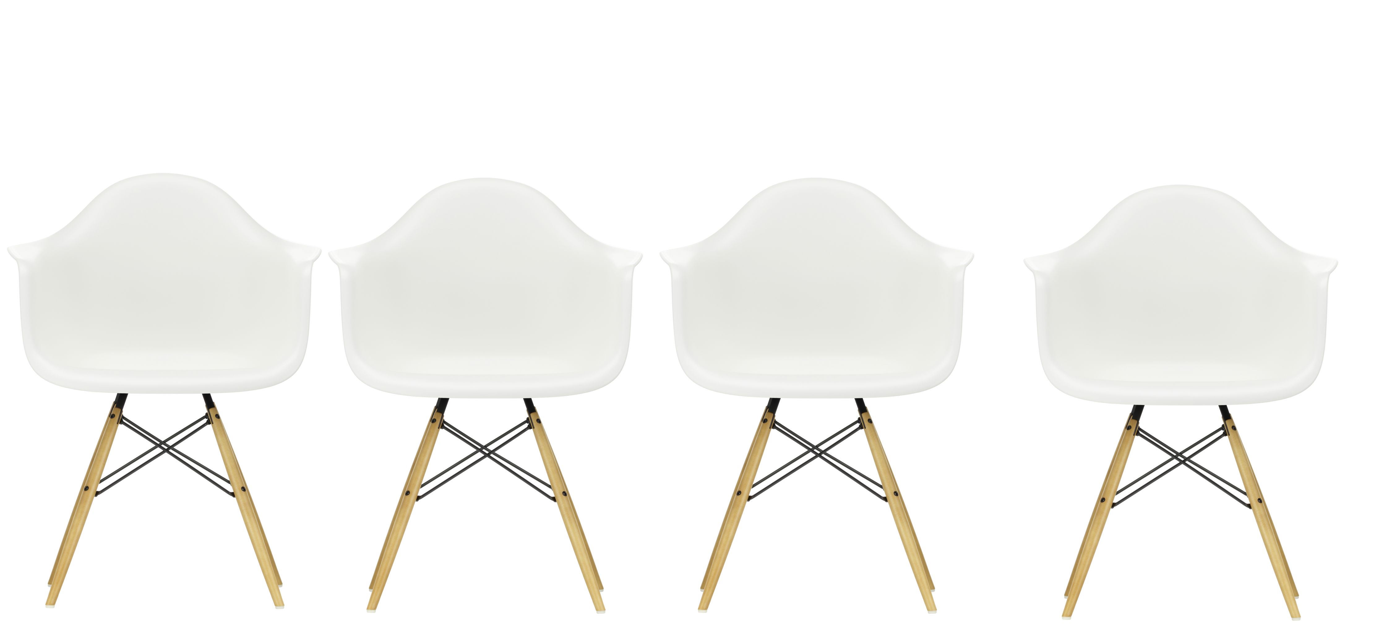 Vitra Eames Plastic Arm Chair DAW Stuhl 4er Set, weiße Sitzschale, Ahorn Gestell.