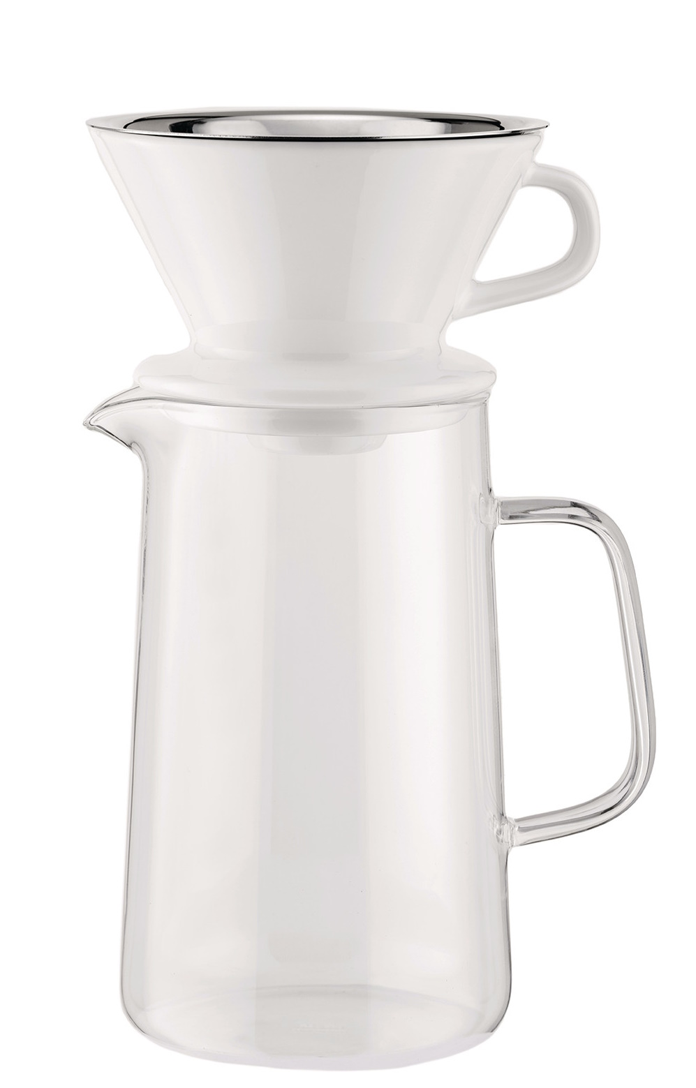 Alessi Slow Coffee Set: Glaskanne mit Filteraufsatz für die Zubereitung von Filterkaffee.
