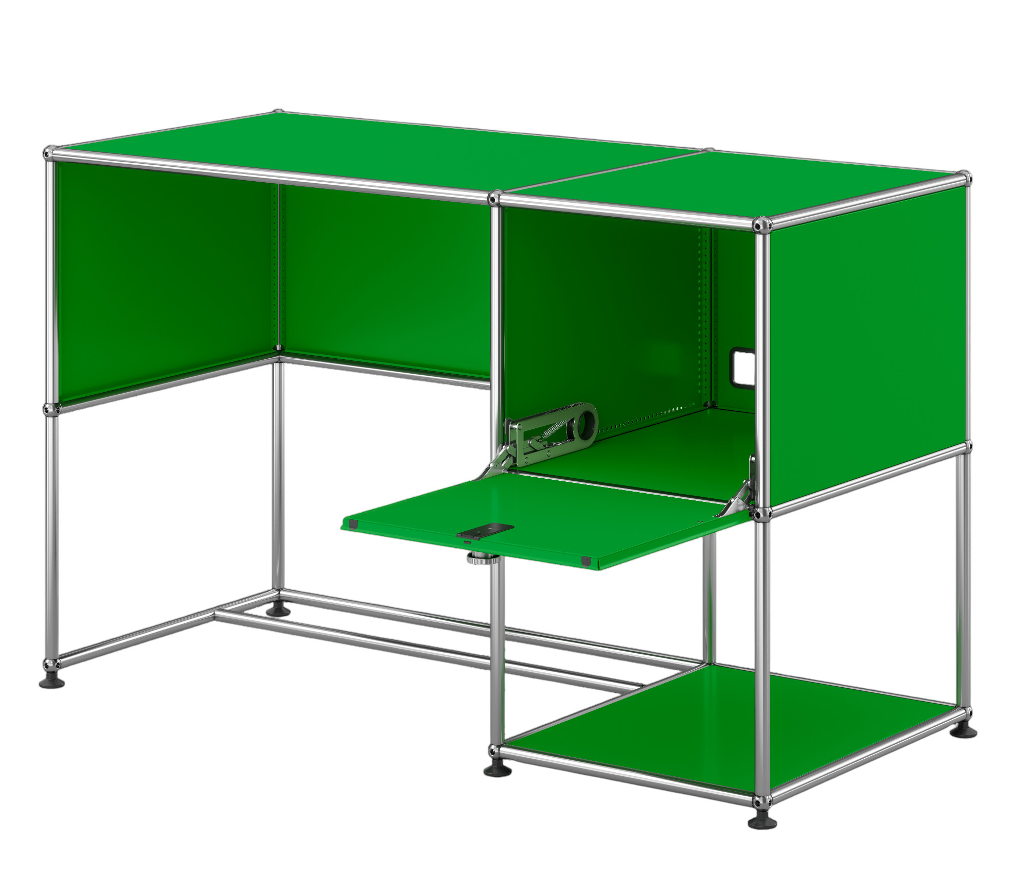 USM Haller Schreibtisch in Grün mit Ausziehtür und Ablagefläche, modernes modulares Design für Büro und Zuhause.