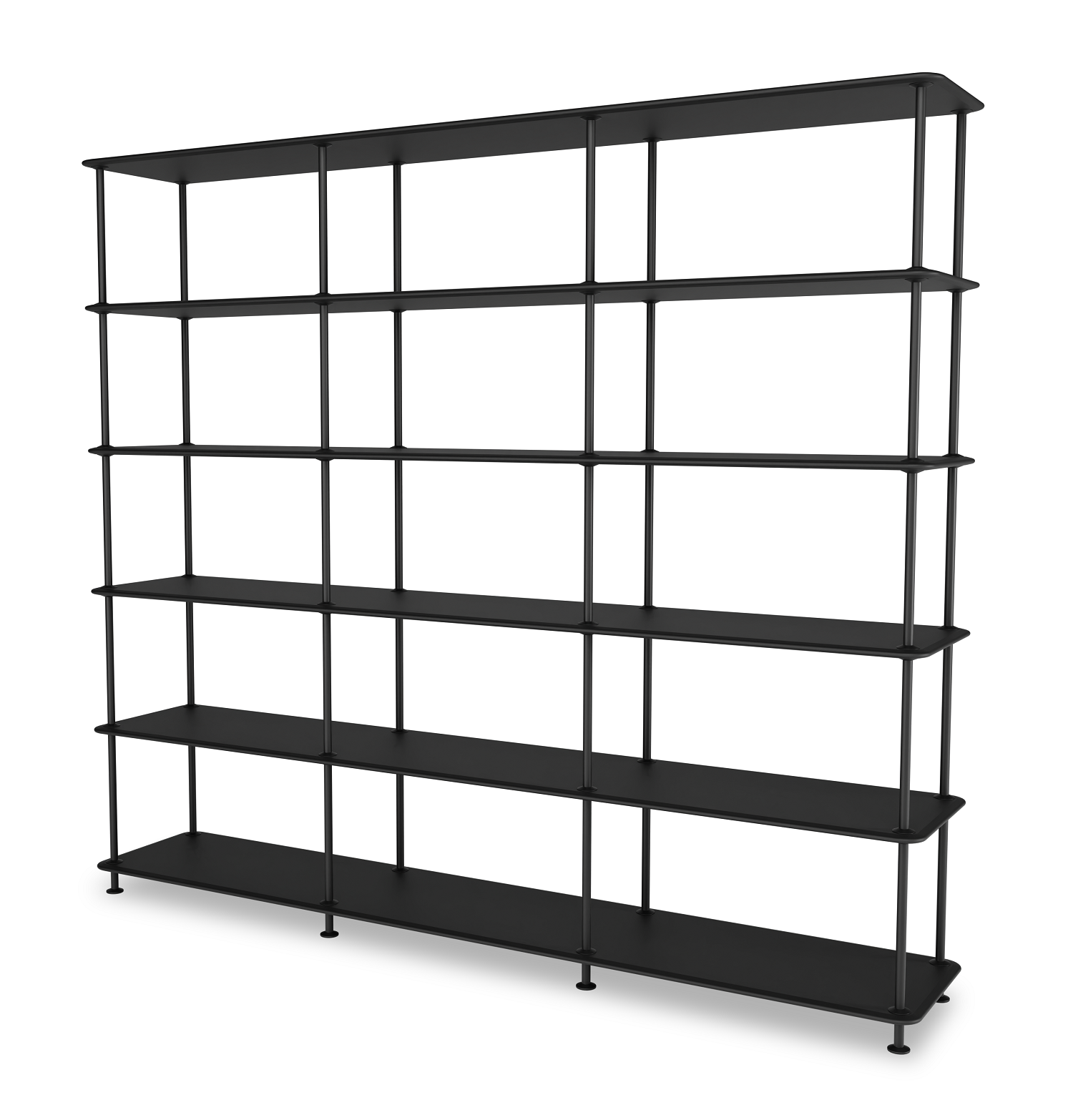 Schwarzes Montana Free Regal mit sechs Ebenen, modernes Design für Wohnzimmer und Büro.