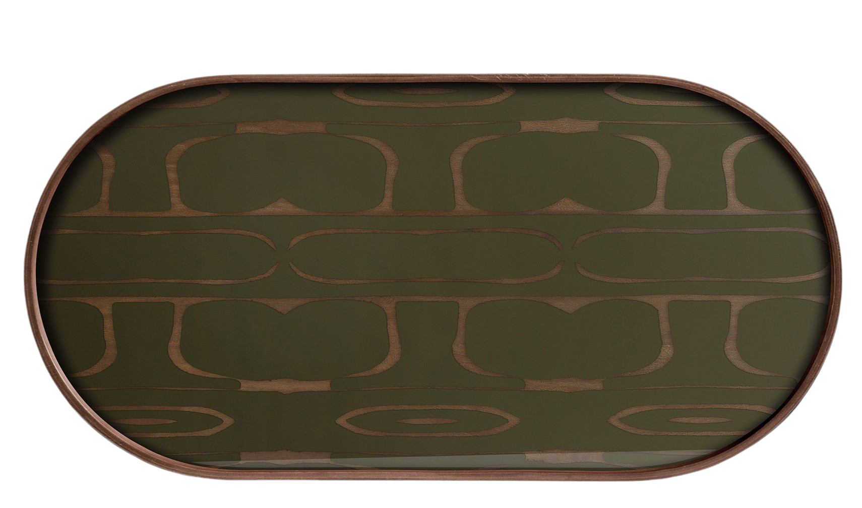 Second Nature Tablett von Ethnicraft, langes Holztablett mit ethnischem Muster in Grün und Braun.