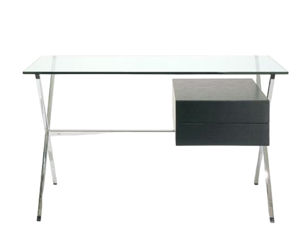 Franco Albini Schreibtisch mit Glasplatte und schwarz gebeizter Eichenschublade, modernes Design für Büro und Arbeitszimmer.