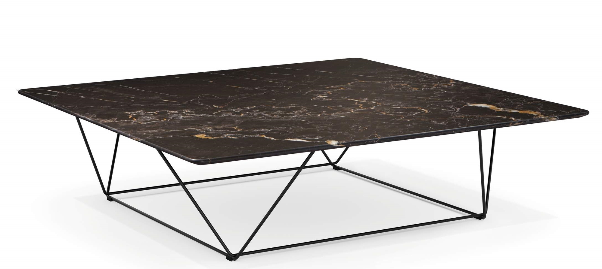 Oki Table Couchtisch mit schwarzer Marmorplatte und filigranem, schwarzem Metallgestell.