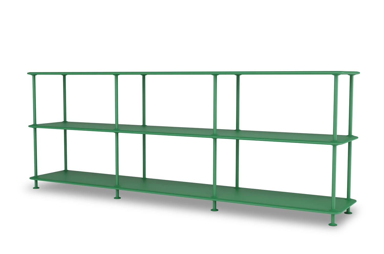 Grünes Montana Free Regal mit zwei Ebenen, modernes Design für Wohnzimmer und Büro.