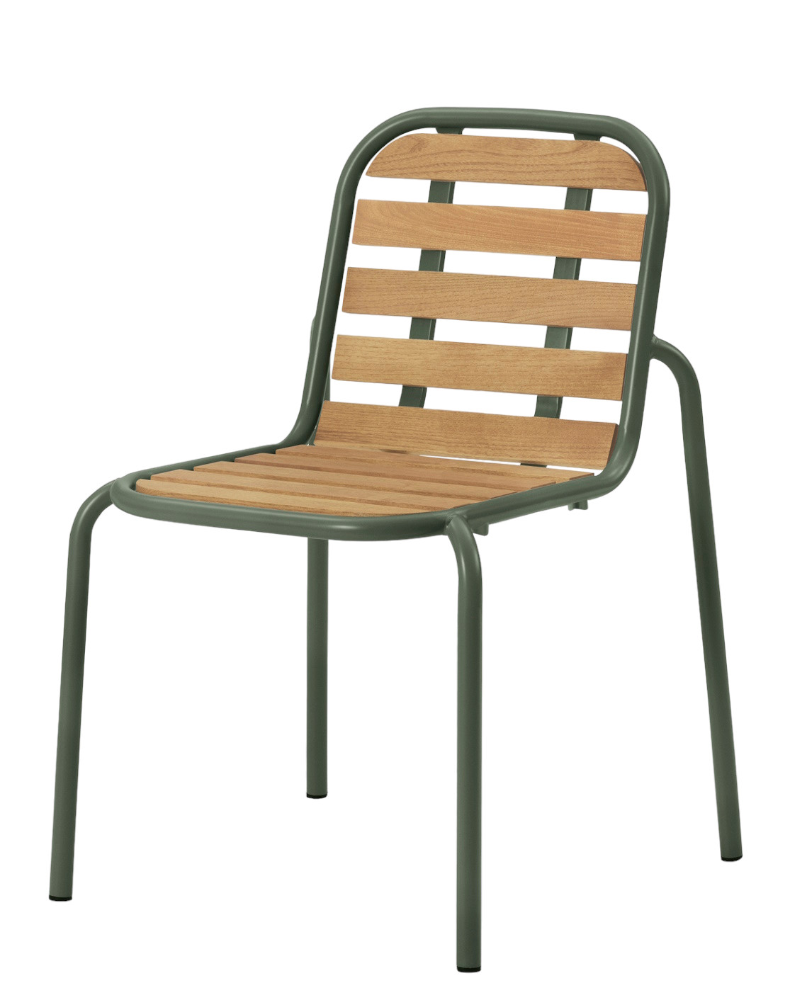 Vig Chair Wood Stuhl von Normann Copenhagen, Outdoor Stuhl mit Holzlatten und grünem Metallgestell.