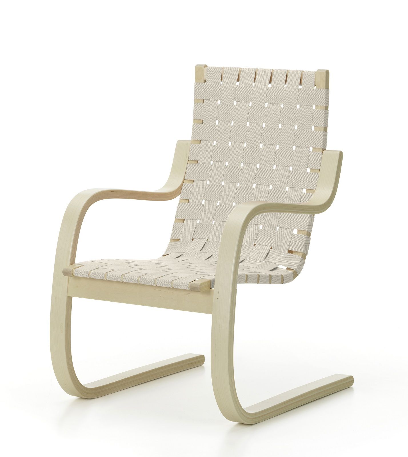 Armchair 406 Sessel von Artek mit hellem Holzrahmen und Stoffbespannung, modernes Möbeldesign.