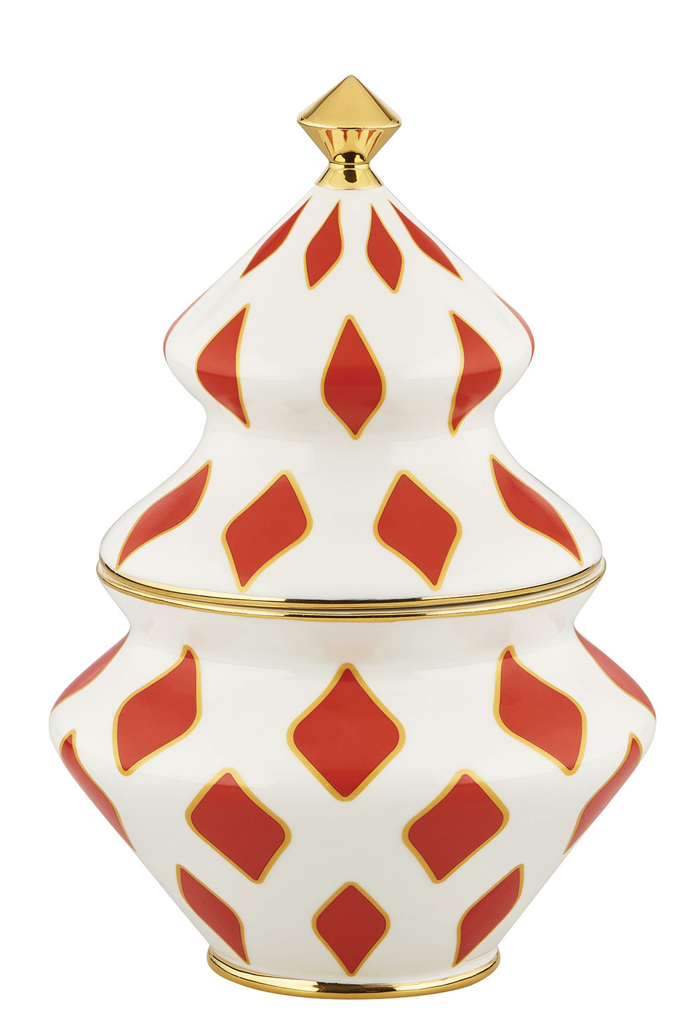 Alessi Delight NZ03 Süßigkeitenbehälter aus Porzellan mit rotem Rautenmuster und goldenem Deckel.