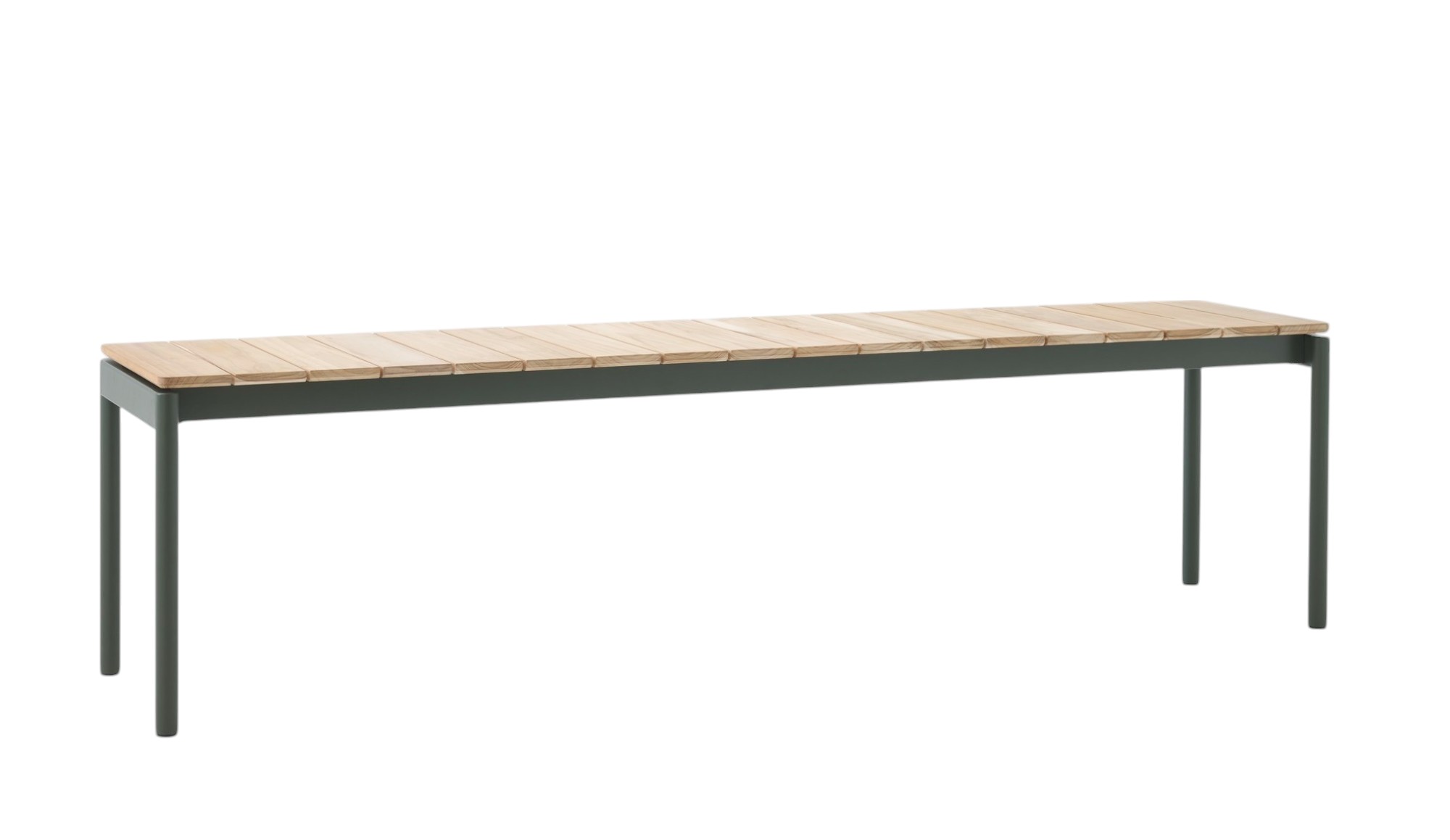 AndTradition Ville AV25 Outdoor Tisch mit Holzplatte und dunkelgrünem Metallgestell, freigestellt.