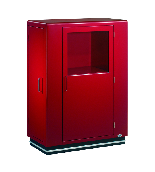 Roter KB 323-0 Barschrank von Müller Möbelfabrikation mit Glastür und Stauraum für Flaschen.