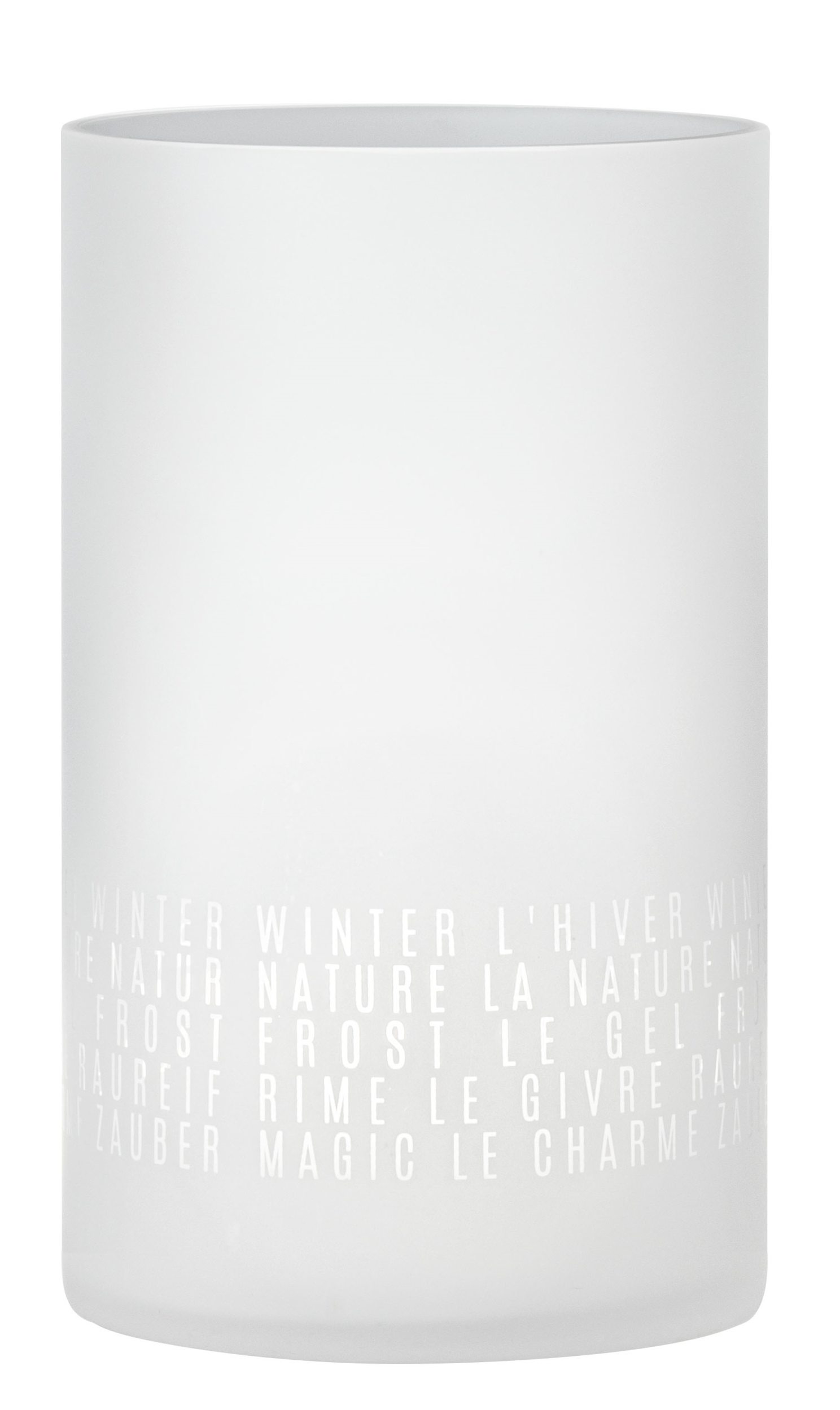 Räder Winterzauber Windlicht: Weißes Glaswindlicht mit dreisprachigen Wintermotiven für stimmungsvolle Beleuchtung im Innenbereich.