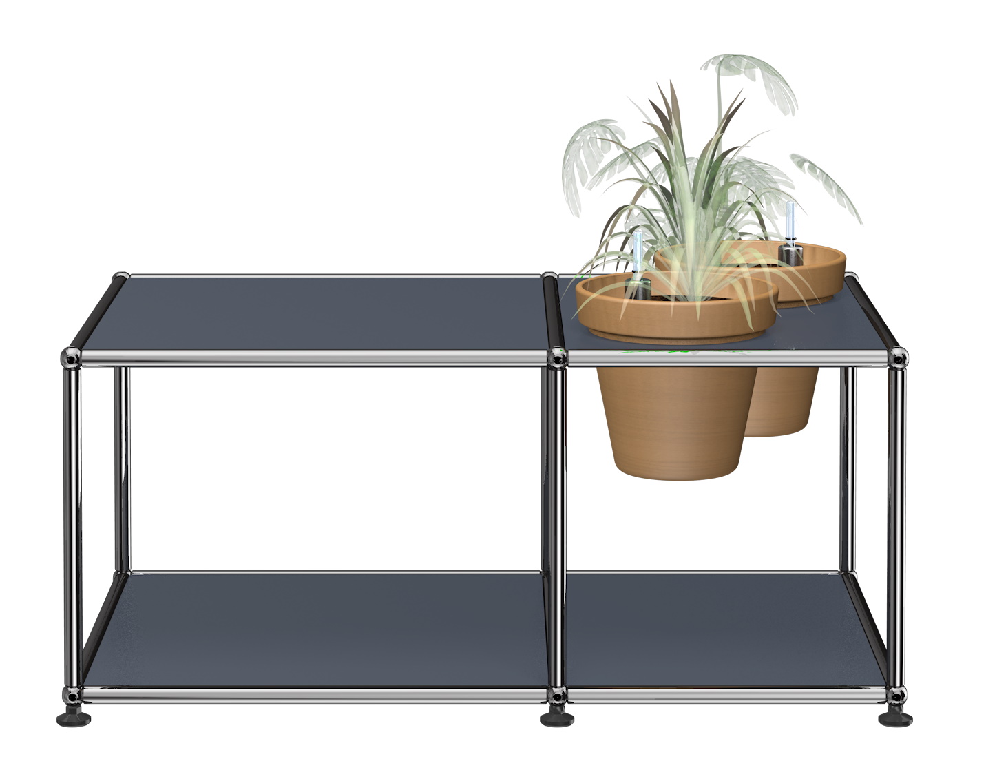 Anthrazitgrauer USM Haller Beistelltisch mit zwei Pflanzen in Töpfen auf der oberen Ebene.
