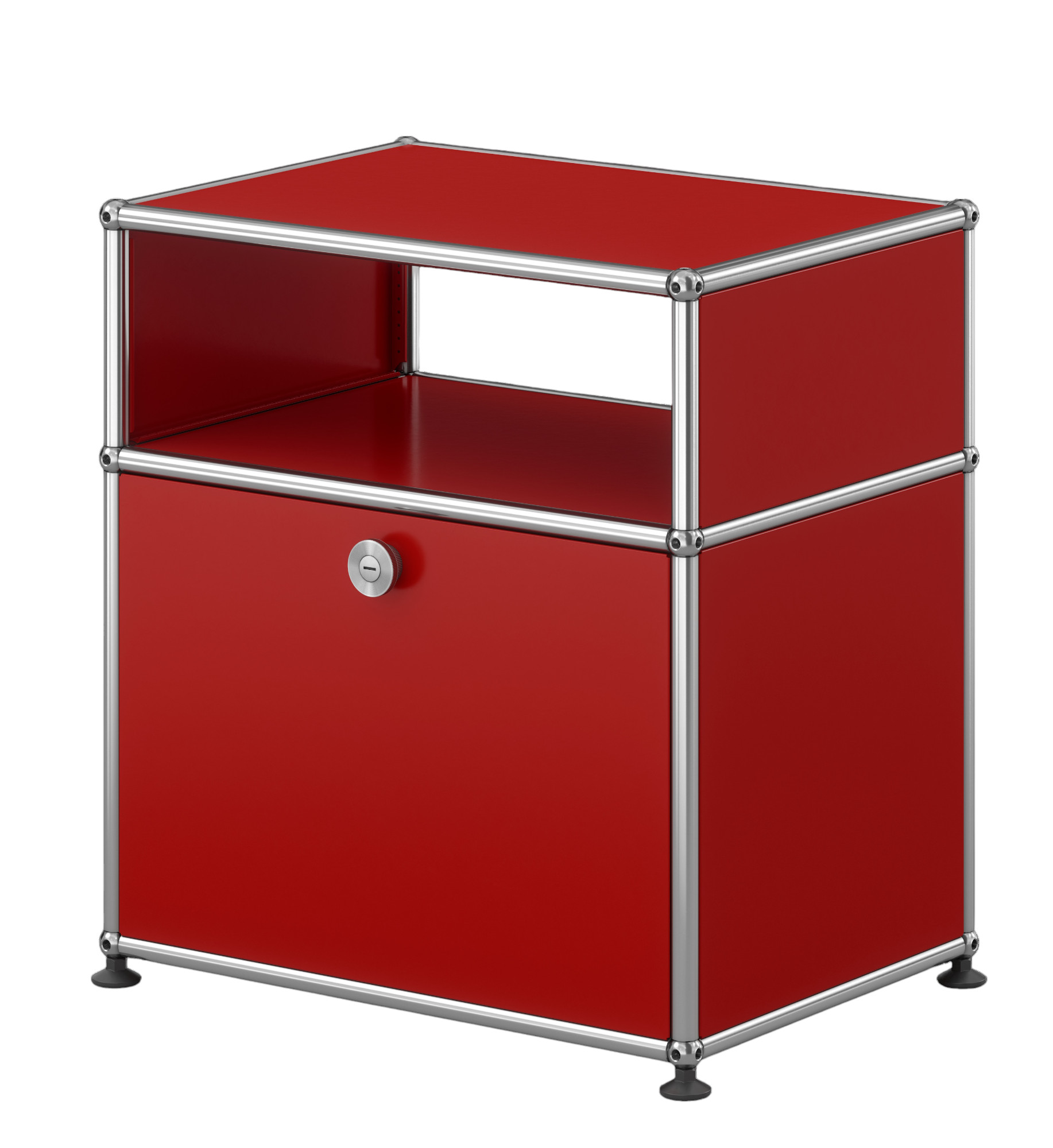 USM Haller Nachttisch Rubinrot mit Klapptür, modernes modulares Möbeldesign für Schlafzimmer und Wohnbereich.