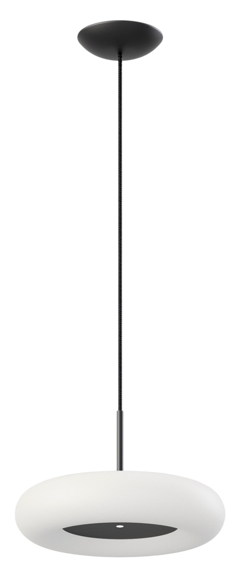 Schwarze Oto Pendelleuchte von Belux mit warmweißem Licht (3000K) für stilvolle Innenraumbeleuchtung.