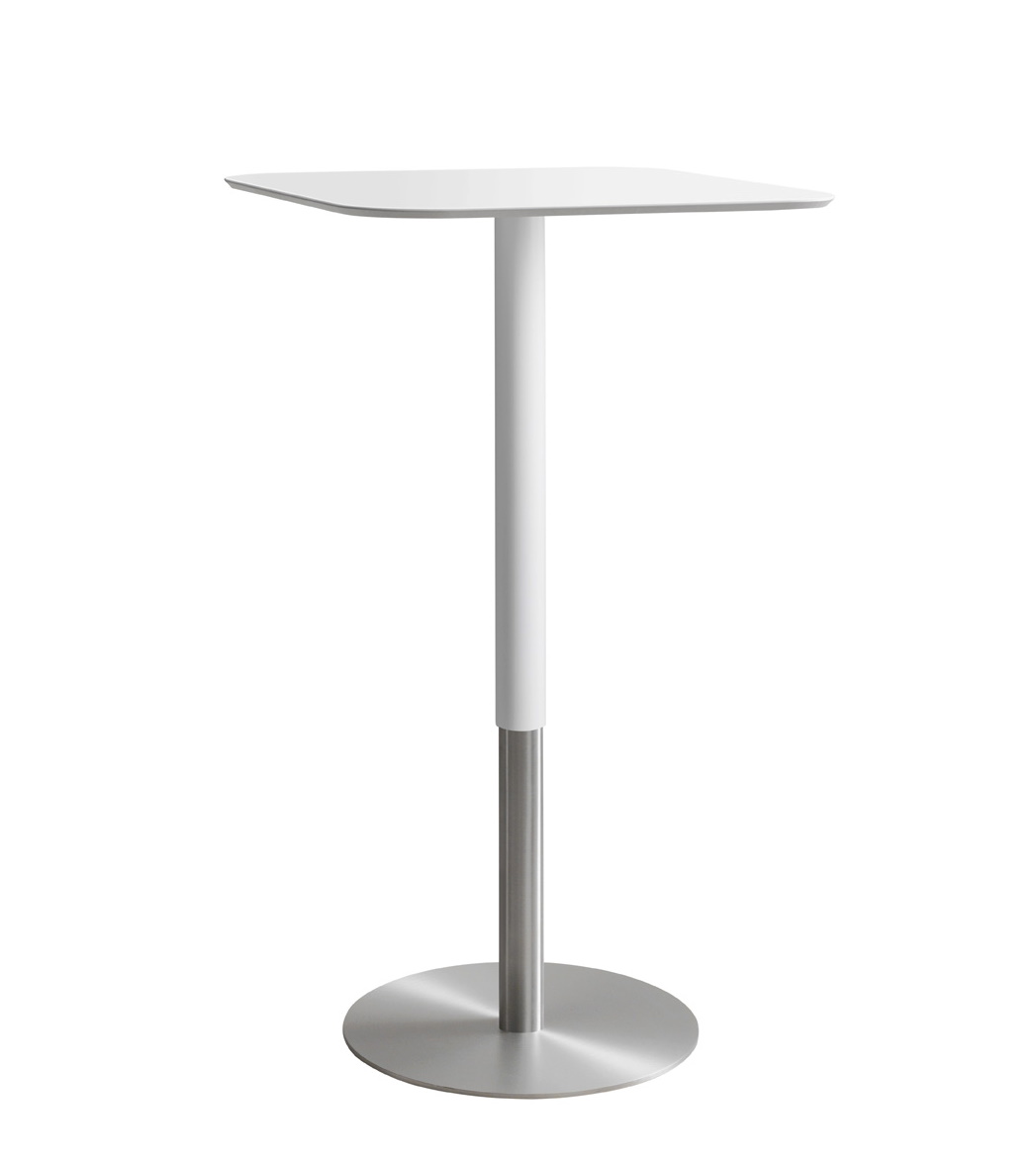 Weißer Stehtisch von Moree mit quadratischer Tischplatte und Edelstahlfuß. Moderner Bistrotisch für Gastronomie und Event.