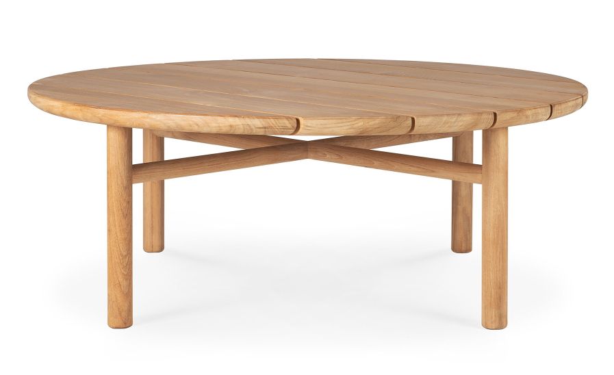 Runder Quatro Couchtisch aus Teakholz für den Außenbereich, robust und stilvoll.