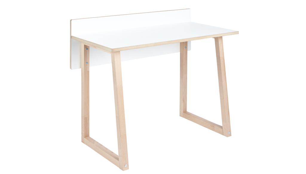 Tojo Kids Werk Schreibtisch: Moderner Kinderschreibtisch mit weißer Tischplatte und hellem Holzgestell für das Kinderzimmer.