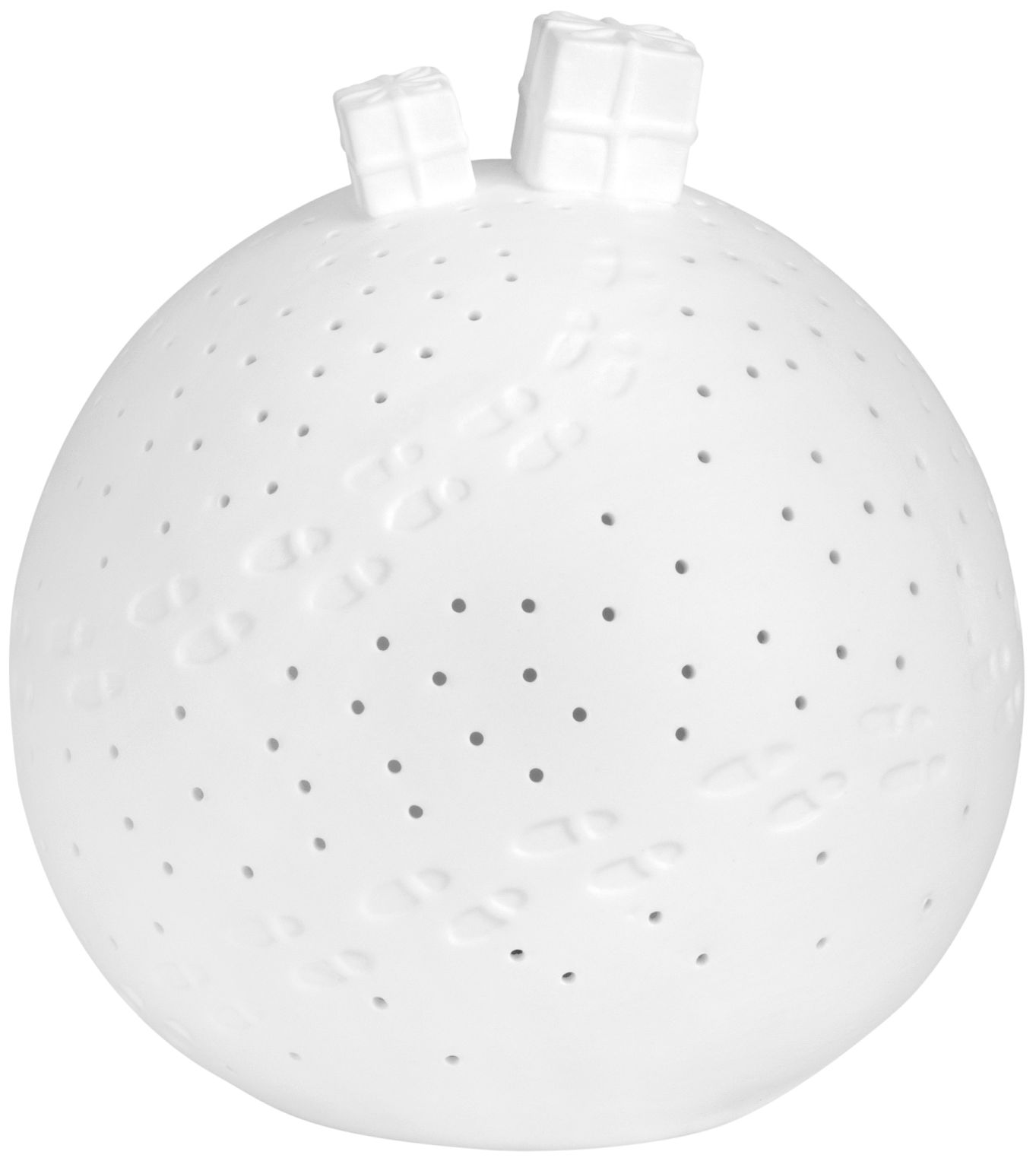 Weiße Porzellan Lichtkugel mit Geschenken und LED-Lichtern, dekoratives Einzelstück.