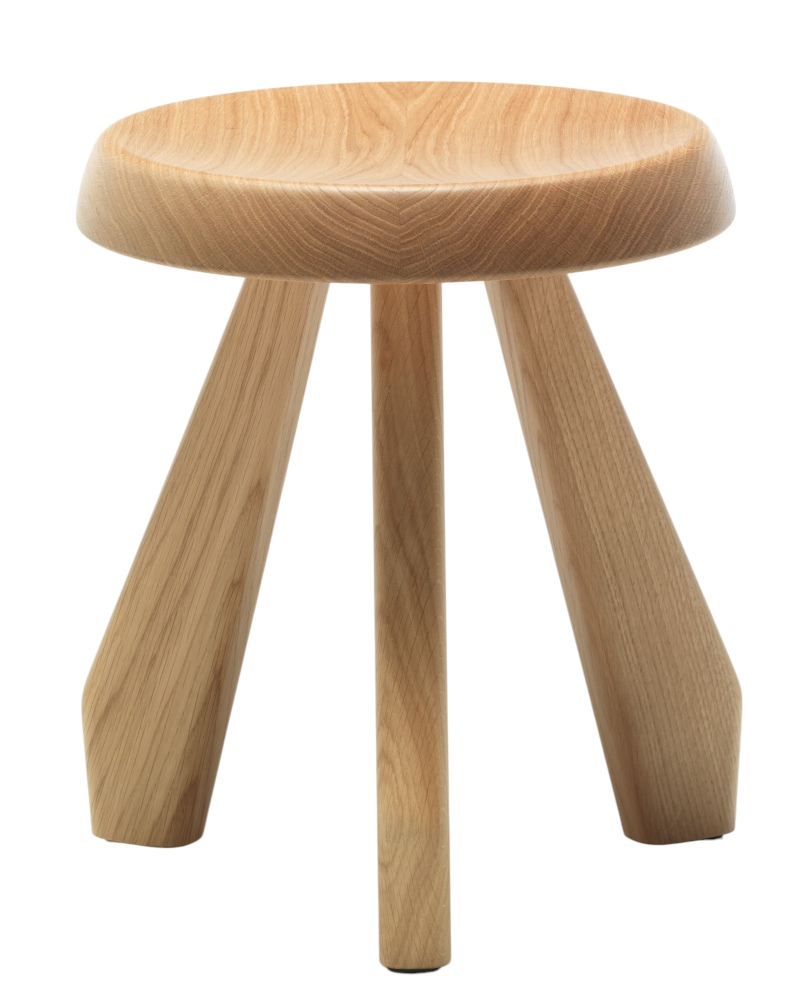 Heller Cassina Hocker, Modell Méribel, aus hellem Holz mit drei Beinen.