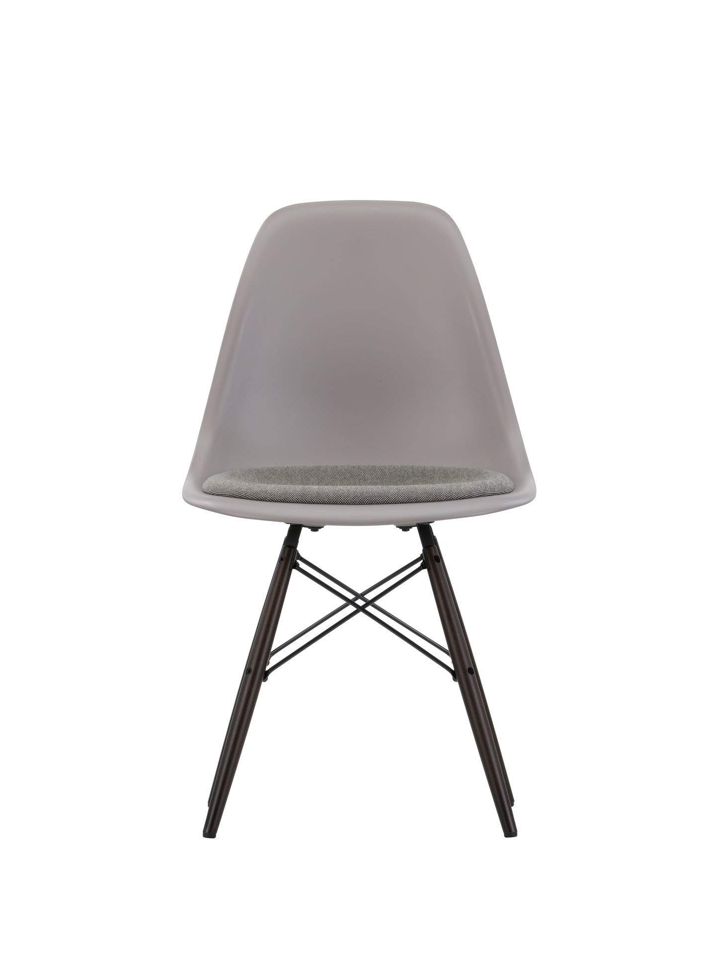 Eames Stuhl DSW mit Sitzpolster, Ahorn gelblich, Hopsak warmgrey/elfenbein, Weiss. Designklassiker für Esszimmer.