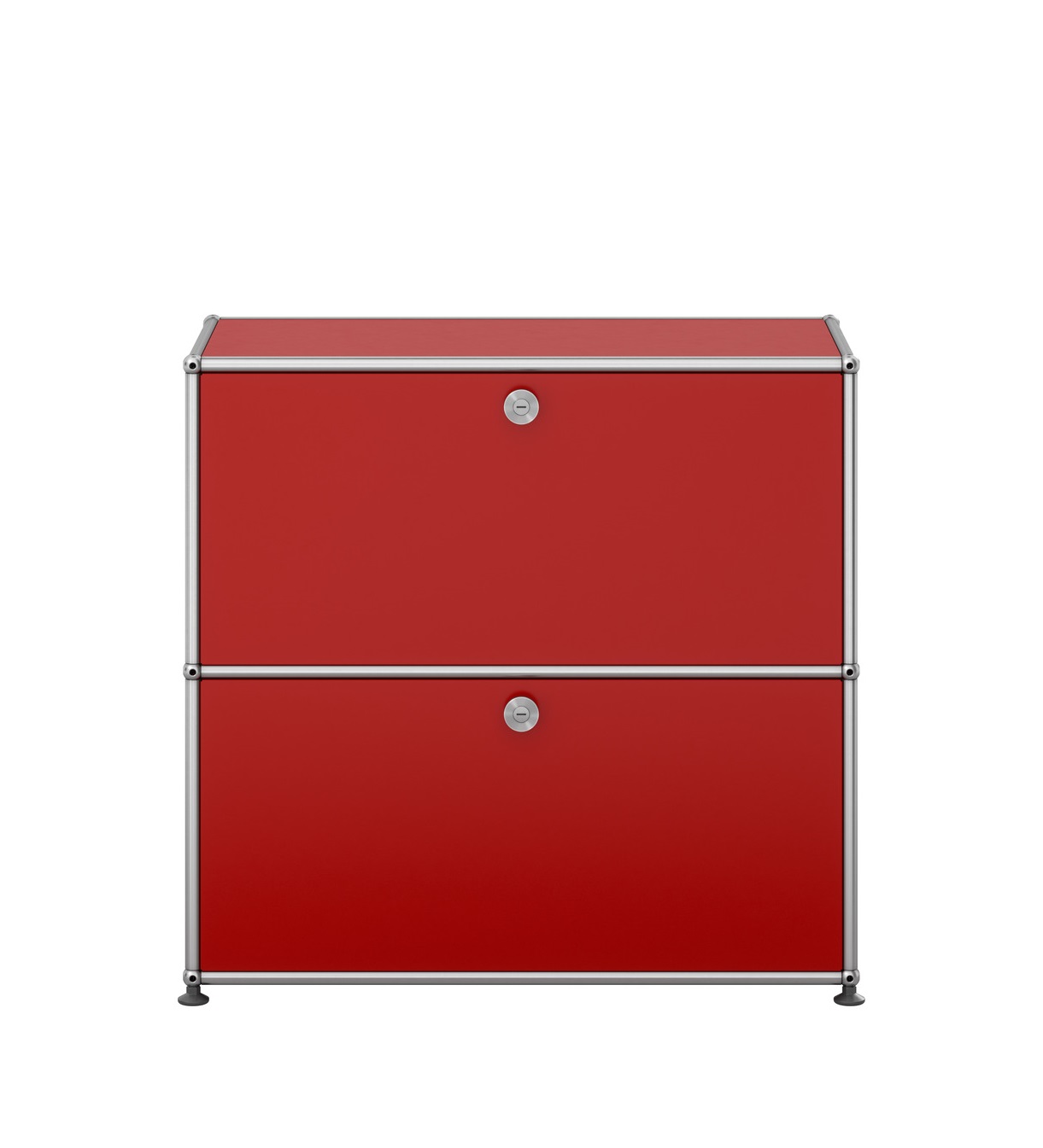 Kleines USM Haller Sideboard in Rubinrot mit zwei abschließbaren Fächern und verchromtem Gestell.