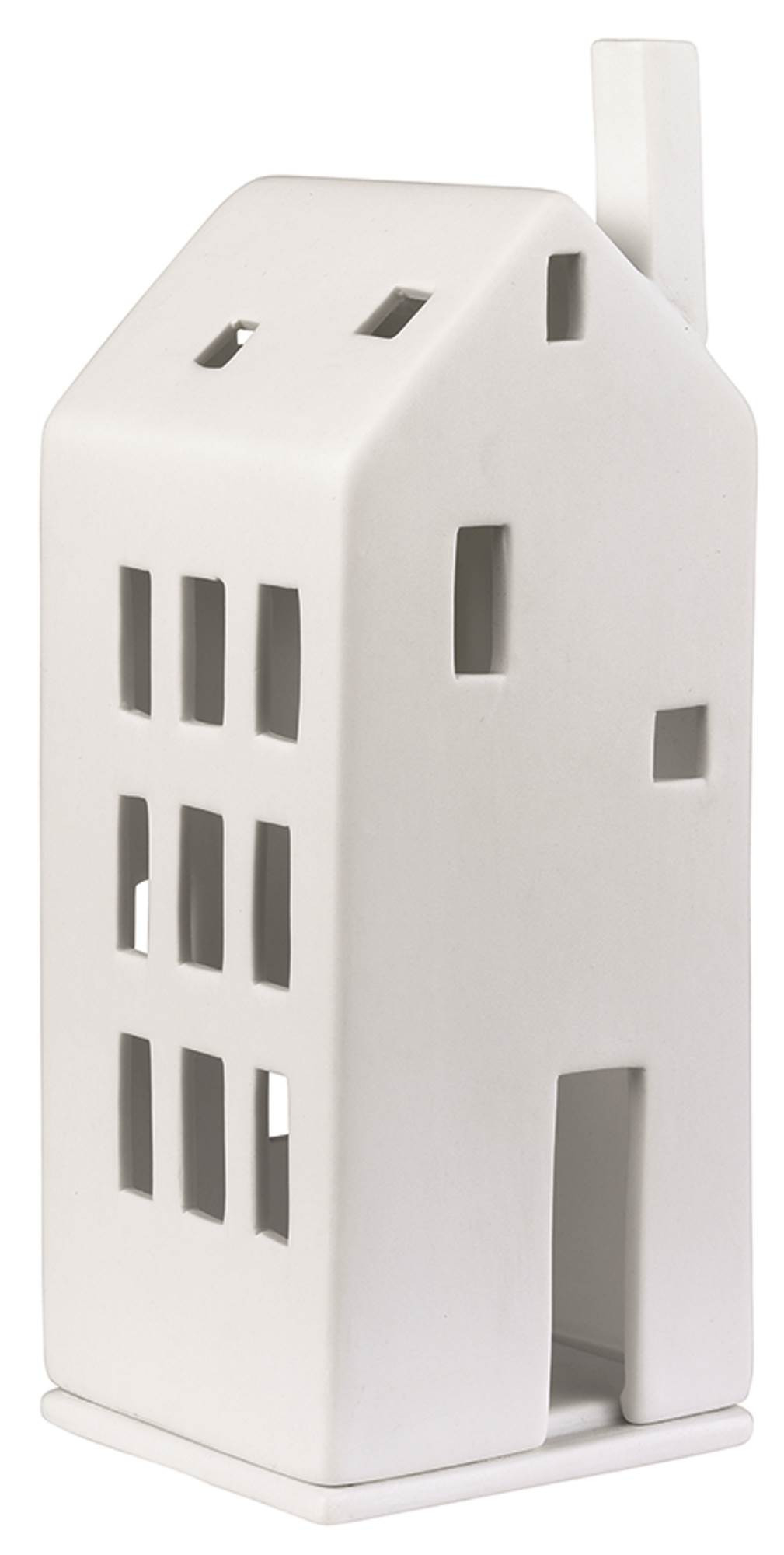 Detailaufnahme eines weißen Räder Lichthaus aus der Zuhause-Serie mit Fensteröffnungen und Schornstein.