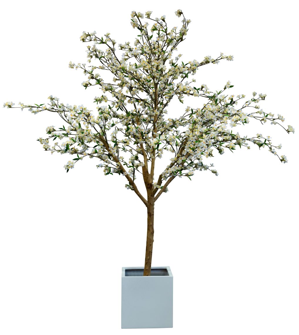 Kunstpflanze Kirschbaum mit weißen Blüten in modernem Topf, ideal für dekorative Akzente.