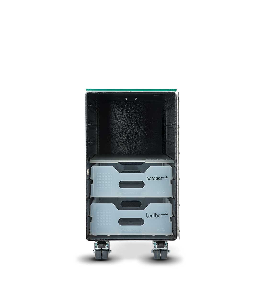 Box Kaffeetisch Zubehör Bordbar mit zwei Schubladen und Rollen für Kaffeetisch-Equipment.