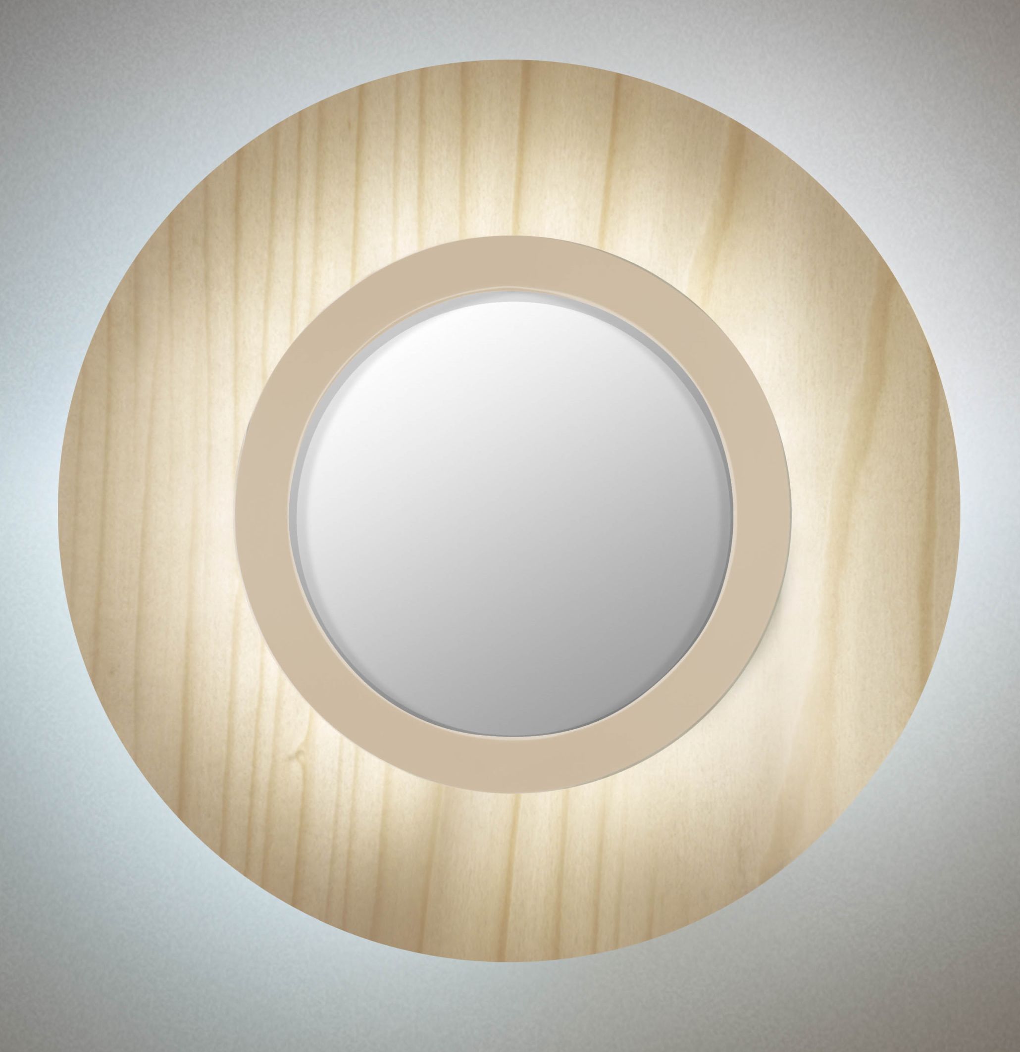 Lens LED Wandleuchte von LZF Lamps: Runde Wandlampe mit Holzring und elfenbeinweißem Metallring.