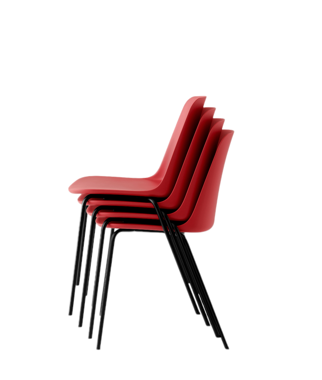 Stapel roter Rely HW65 Esszimmerstühle von AndTradition mit schwarzen Metallbeinen. Moderner Stuhl für Esszimmer.