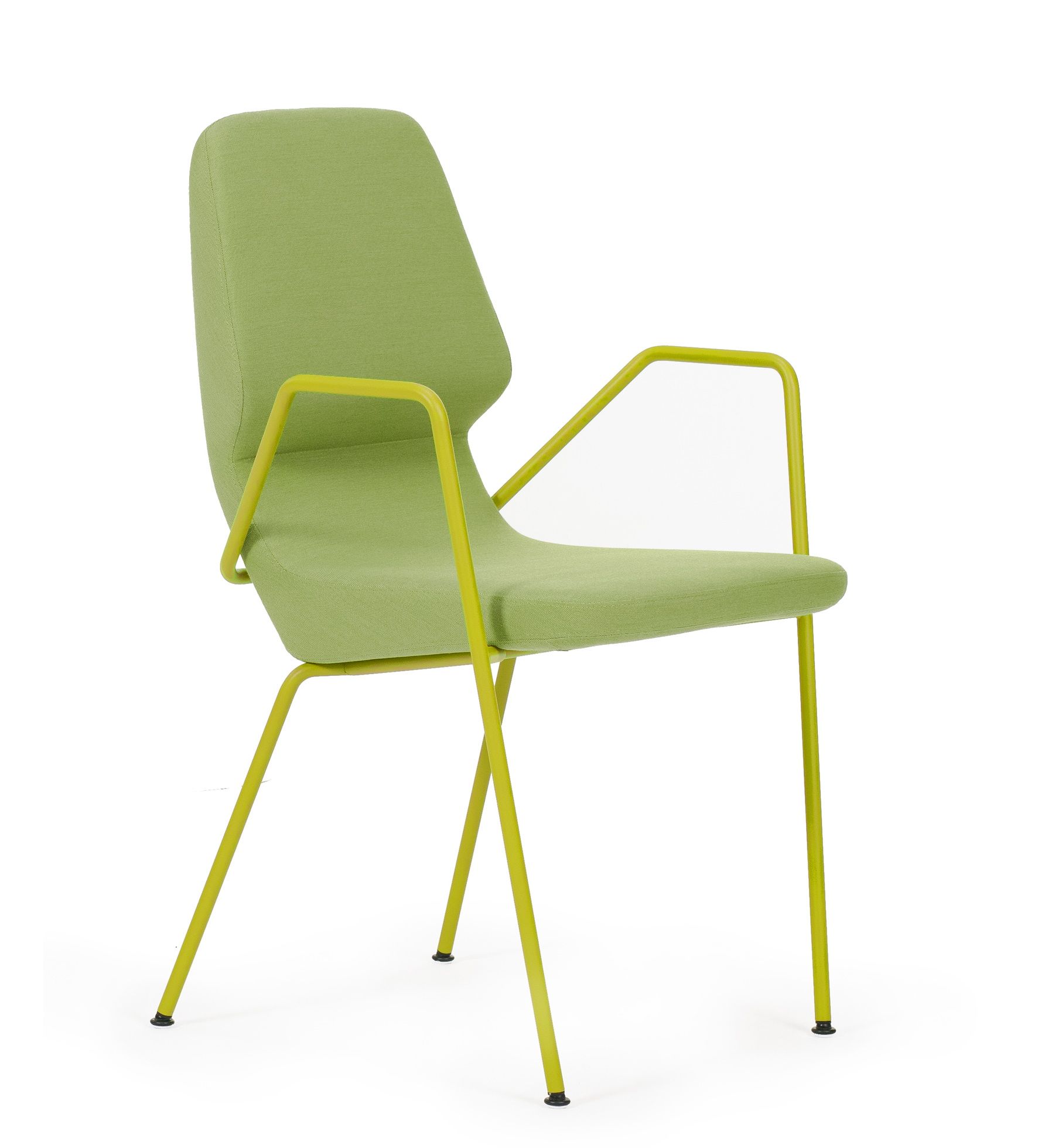 Grüner Oblique Stuhl von Prostoria mit Armlehnen und gelbem Metallgestell für Innen und Außen.