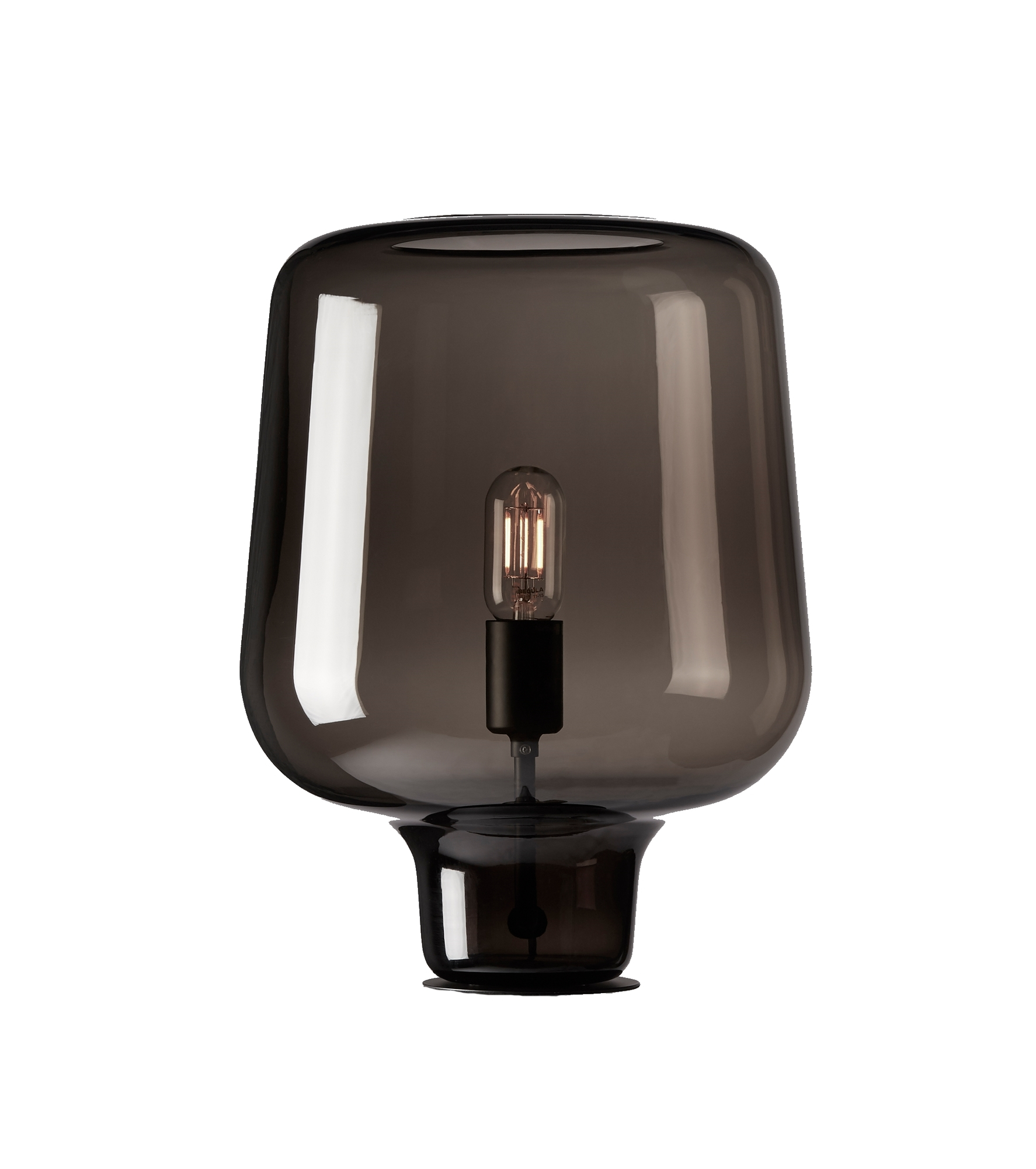 Nahaufnahme der "Say My Name" Tischleuchte mit glänzendem, rauchfarbenem Glas.