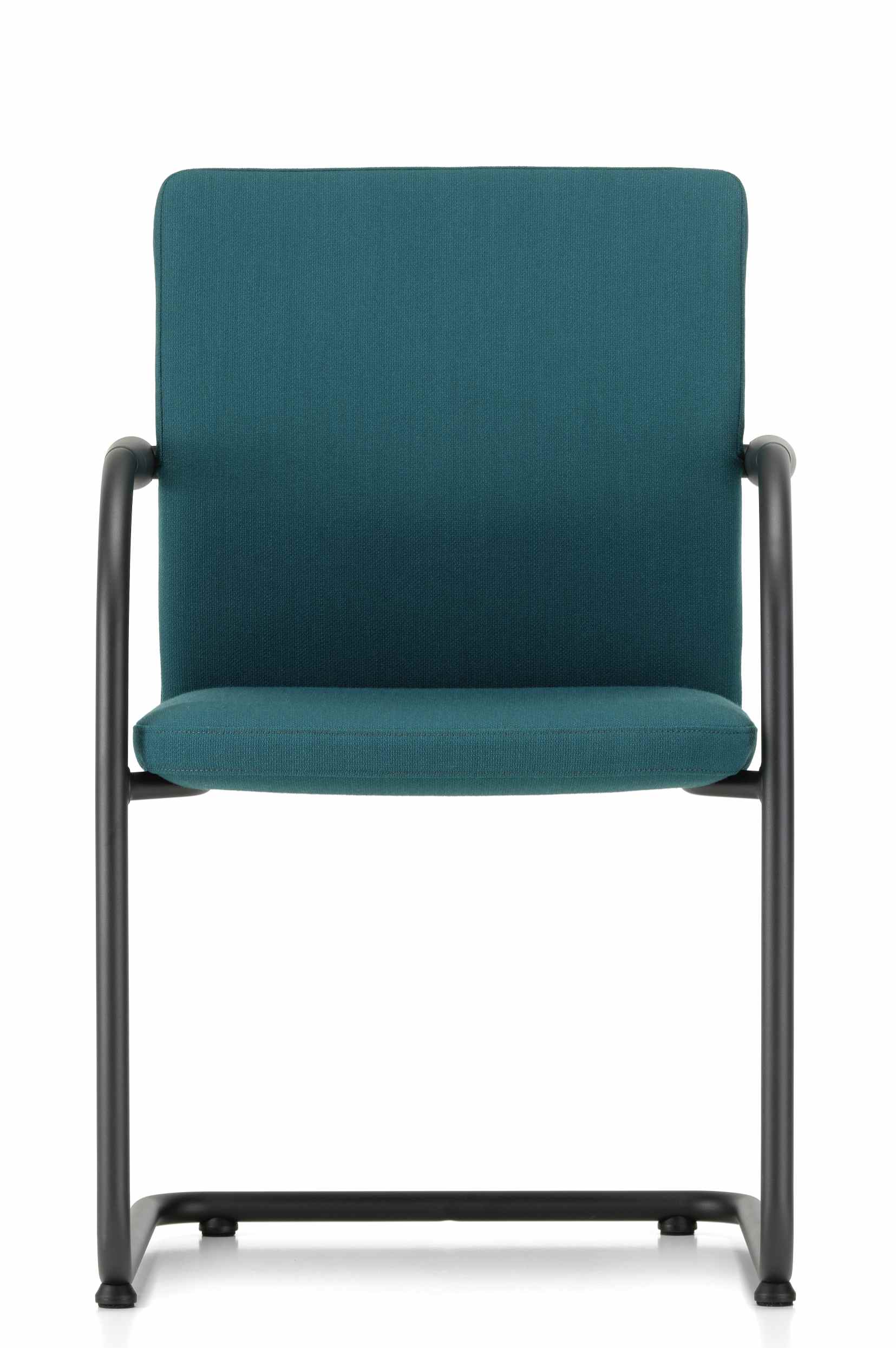 Vorderansicht des Vitra ID Visitor Freischwinger Stuhls in Petrol mit schwarzem Gestell.