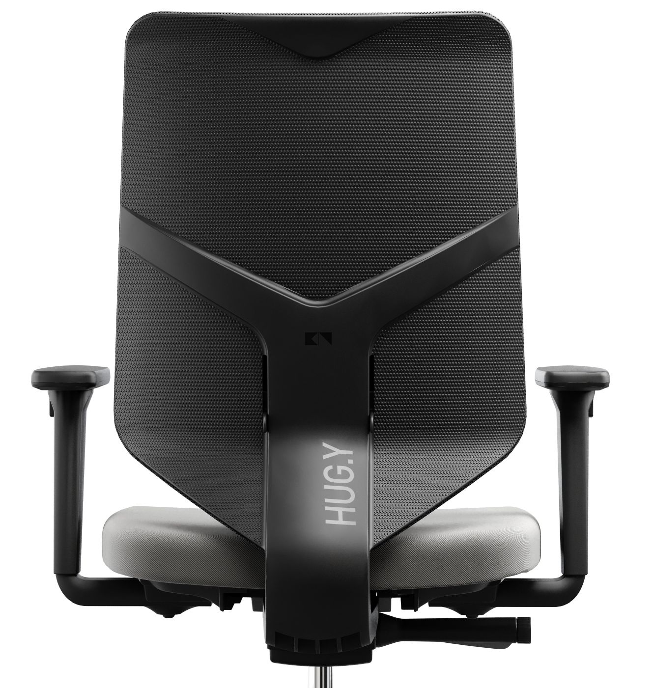 Rückansicht: HUG.Y Bürodrehstuhl von König und Neurath mit schwarzer Netzrückenlehne und Armlehnen.