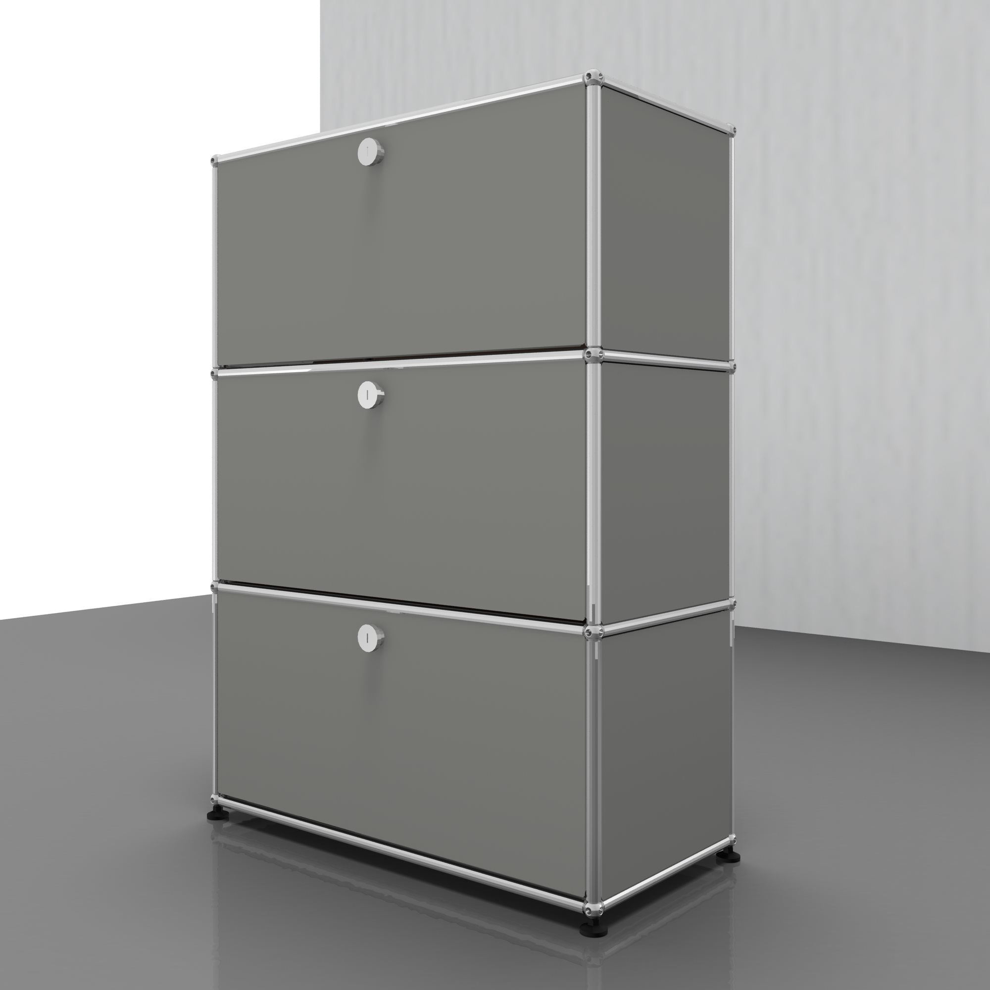 USM Haller Highboard in Lichtgrau mit drei Klappen, modernes modulares Möbeldesign für stilvolle Wohnräume.