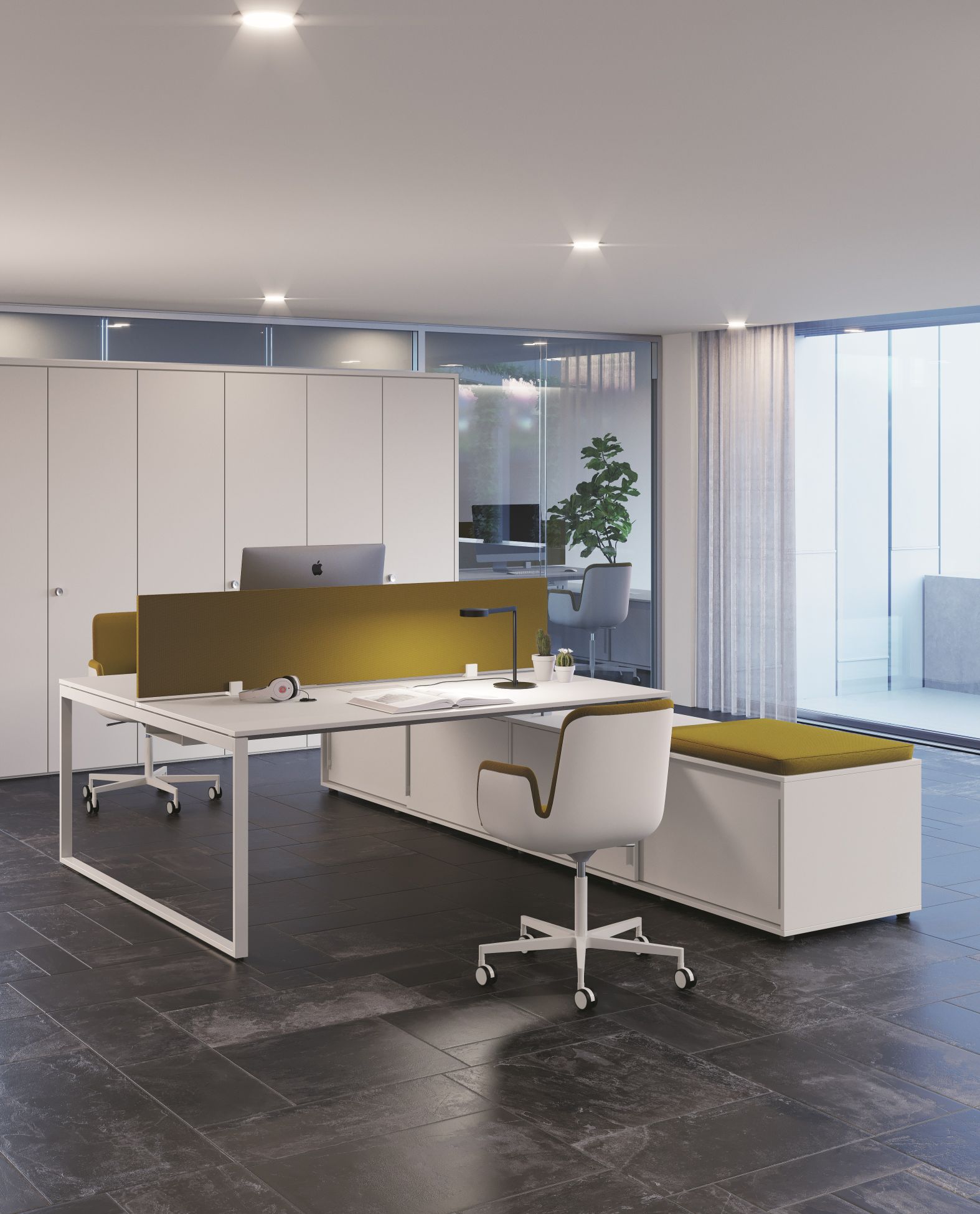 Moderner Frezza Doppelschreibtisch, weiß, mit Akustikpaneel für Büro und Homeoffice.