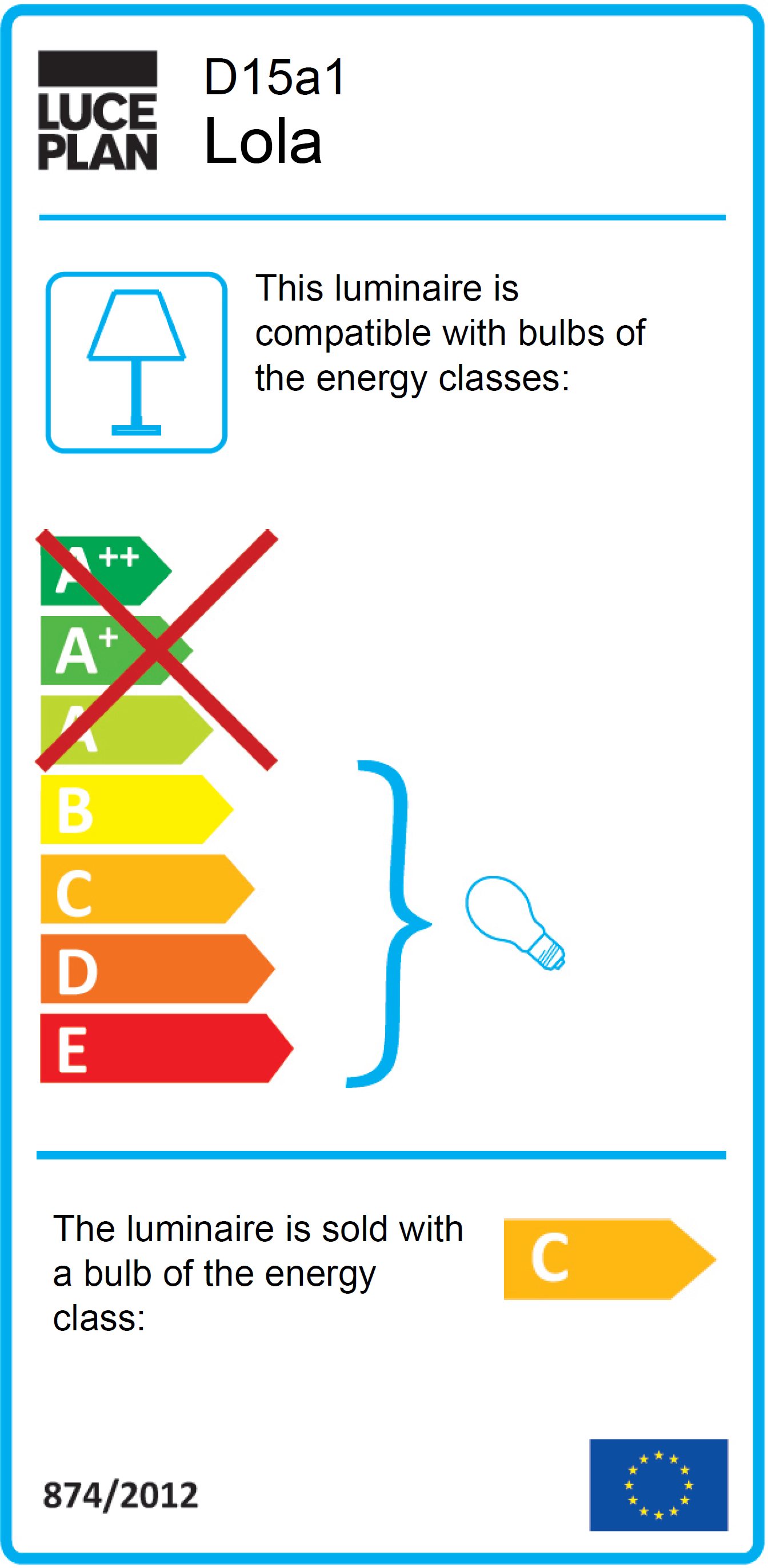 Energieeffizienzlabel der Luceplan Lola Wandleuchte, das die Kompatibilität mit Leuchtmitteln der Klassen B bis E zeigt.