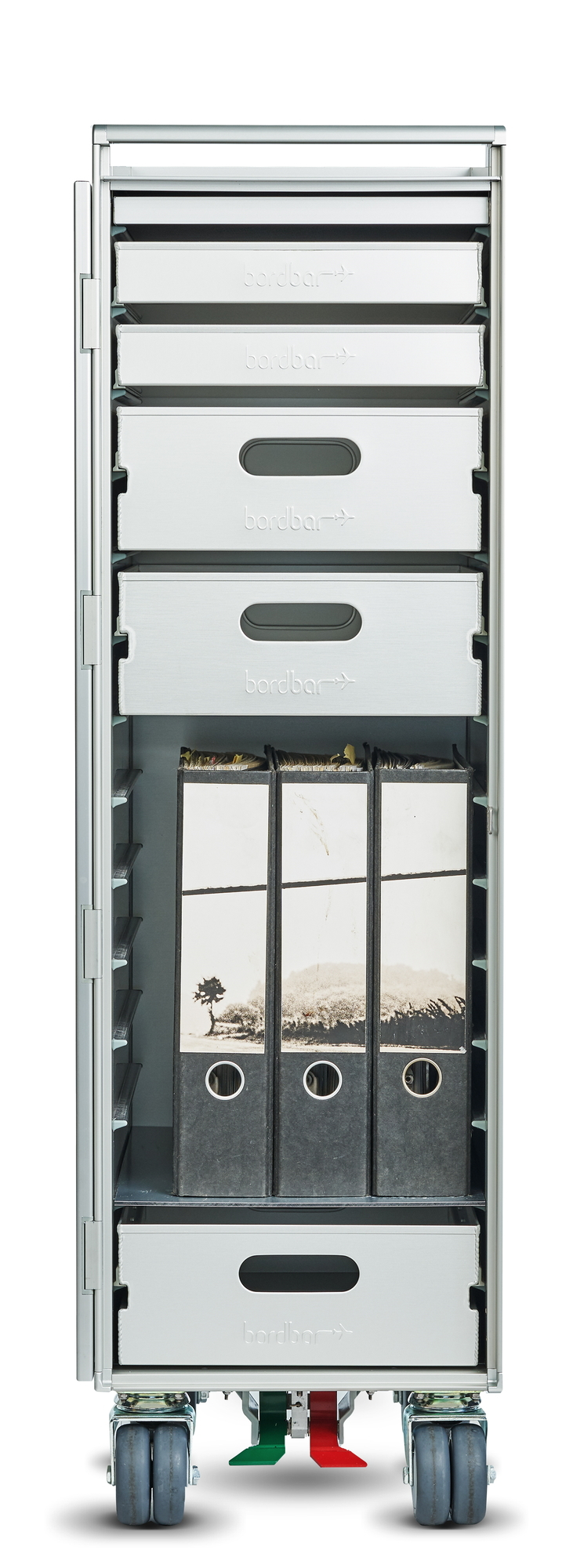 Office Equipment Set: Bordbar Zubehör mit Schubladen und Ordnern für Büroorganisation und Aktenlagerung.