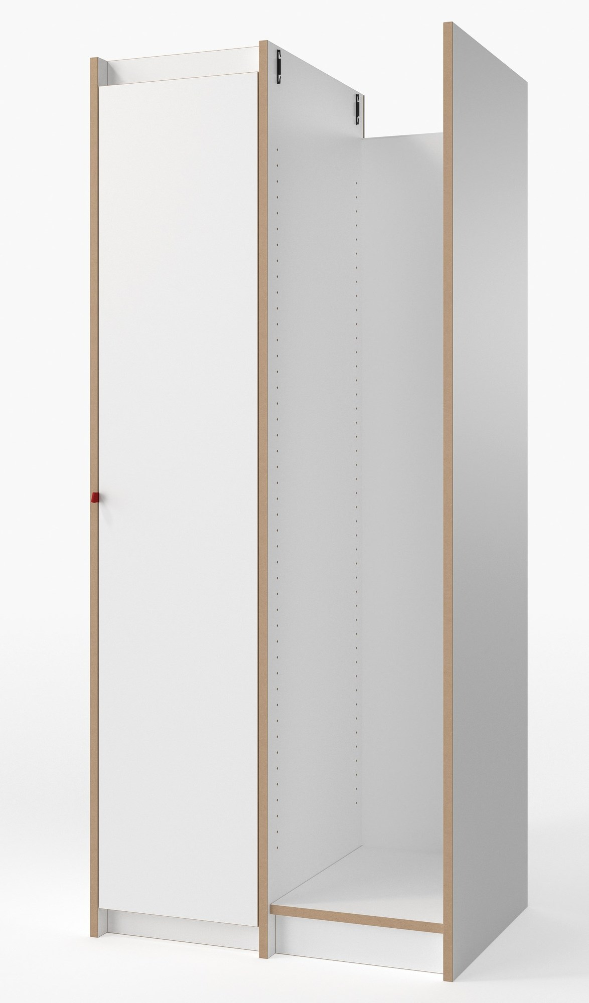 Tojo Anbaumodul: Weißer Steh Schrank mit Tür und offenem Regalfach für Stauraum.