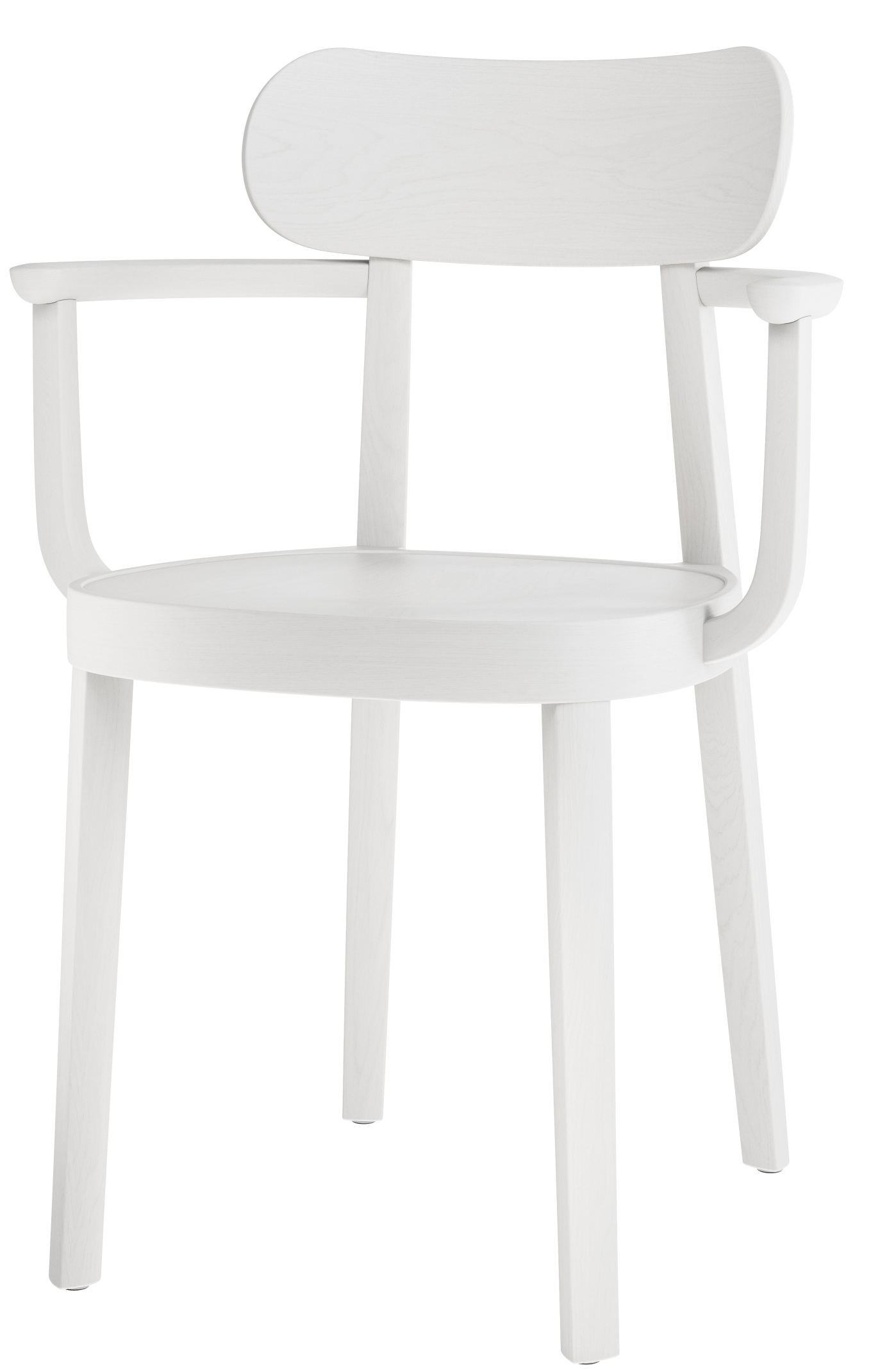 Weißer Holzstuhl mit Armlehnen, Modell 118 MF Thonet, für Esszimmer und Wohnbereich.