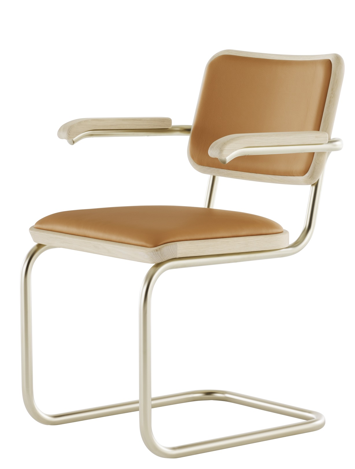 JS. Thonet S 64 P Freischwinger Stuhl mit Armlehnen, Lederbezug und Stahlrohrgestell. Designklassiker für Wohnen und Büro.