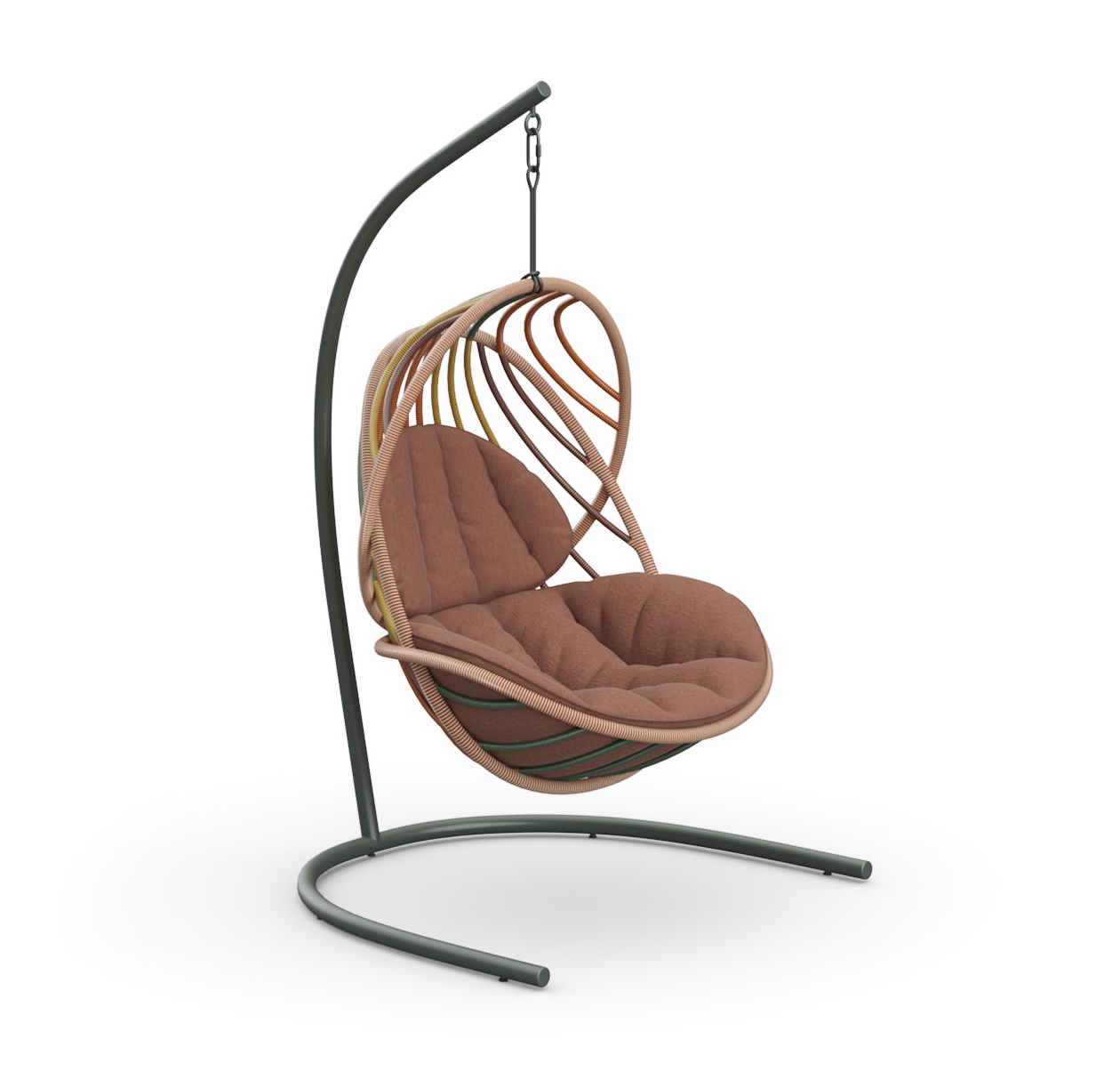 Kida Hängesessel von Dedon mit Standfuß, braunes Kissen, modernes Design für Garten und Terrasse.