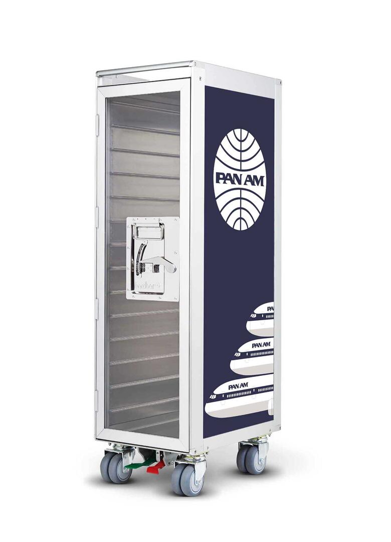 Pan Am Flugzeugtrolley Bordbar mit Rollen und blauem Design mit Flugzeugmotiven.