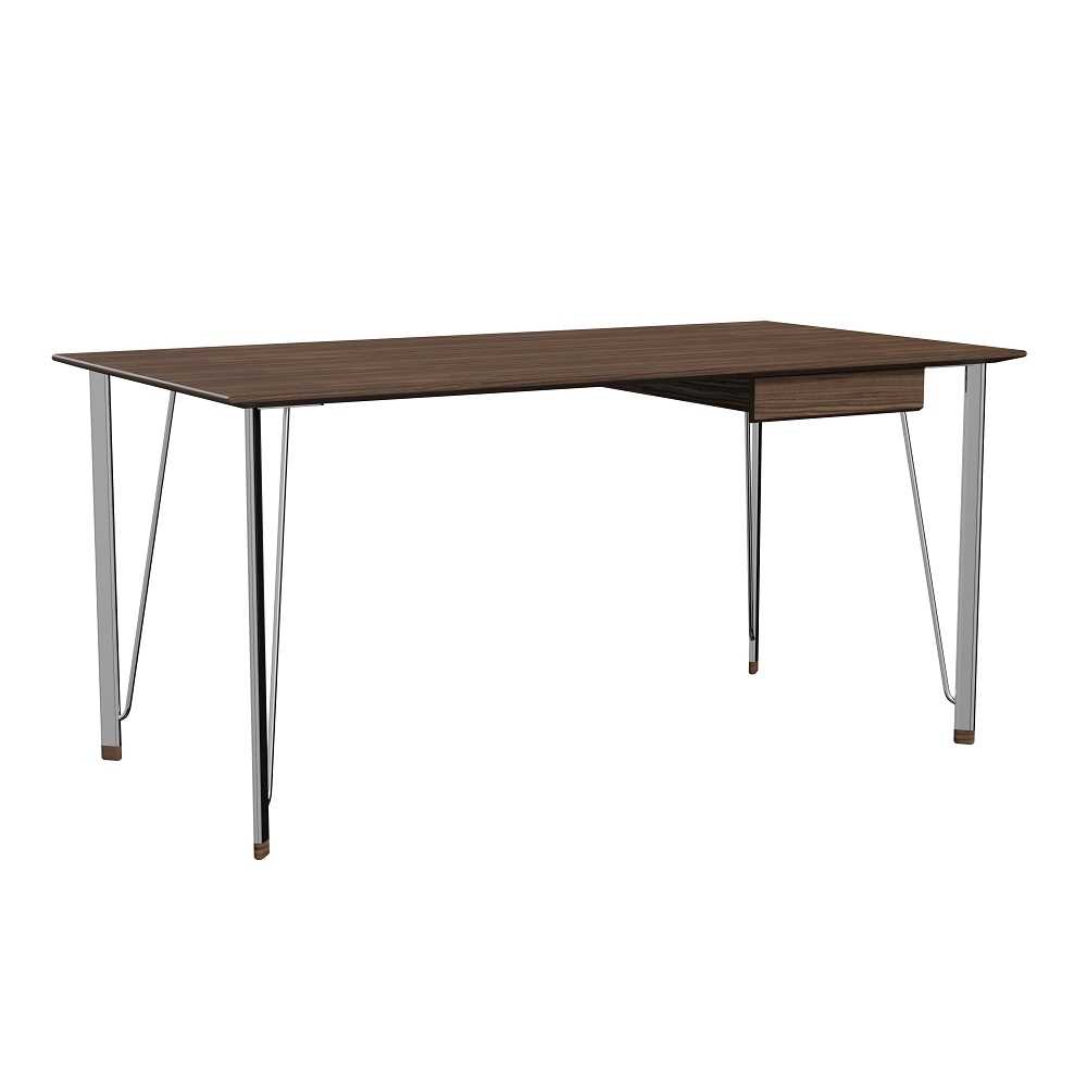 FH3605 Schreibtisch von Fritz Hansen: Walnussfarbene Tischplatte mit Schublade und Chromgestell. Moderner Bürotisch.