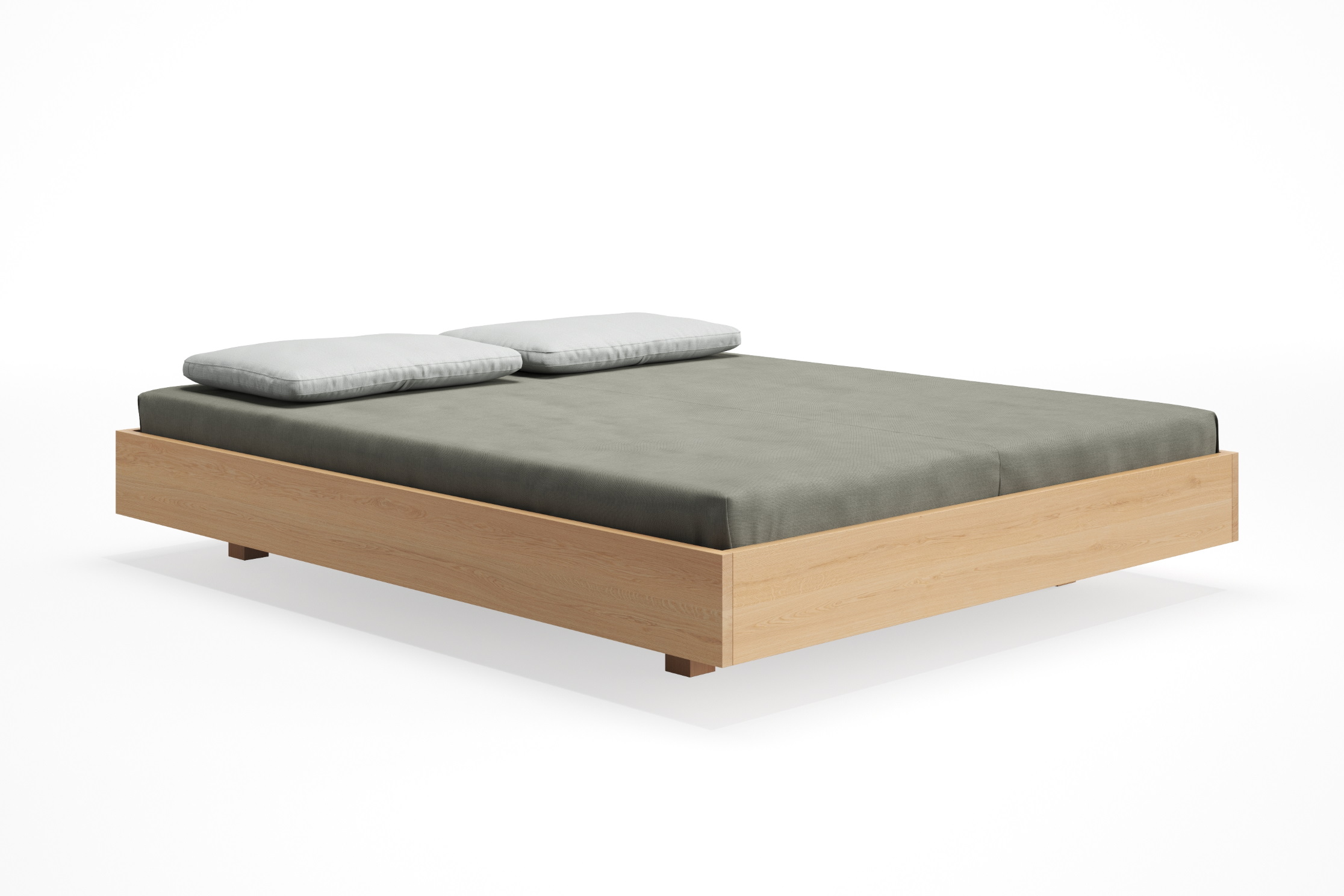 Simple 160 Holzbett Eiche Zeitraum mit grauer Bettwäsche und Kissen auf weißem Hintergrund.