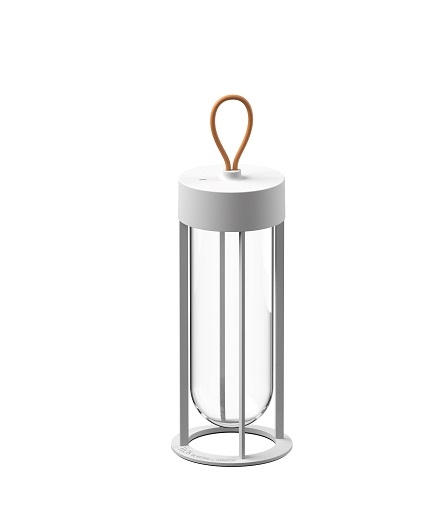 Weiße Flos In Vitro Unplugged Akkuleuchte: Moderne Tischleuchte mit Glaszylinder und Tragegriff.