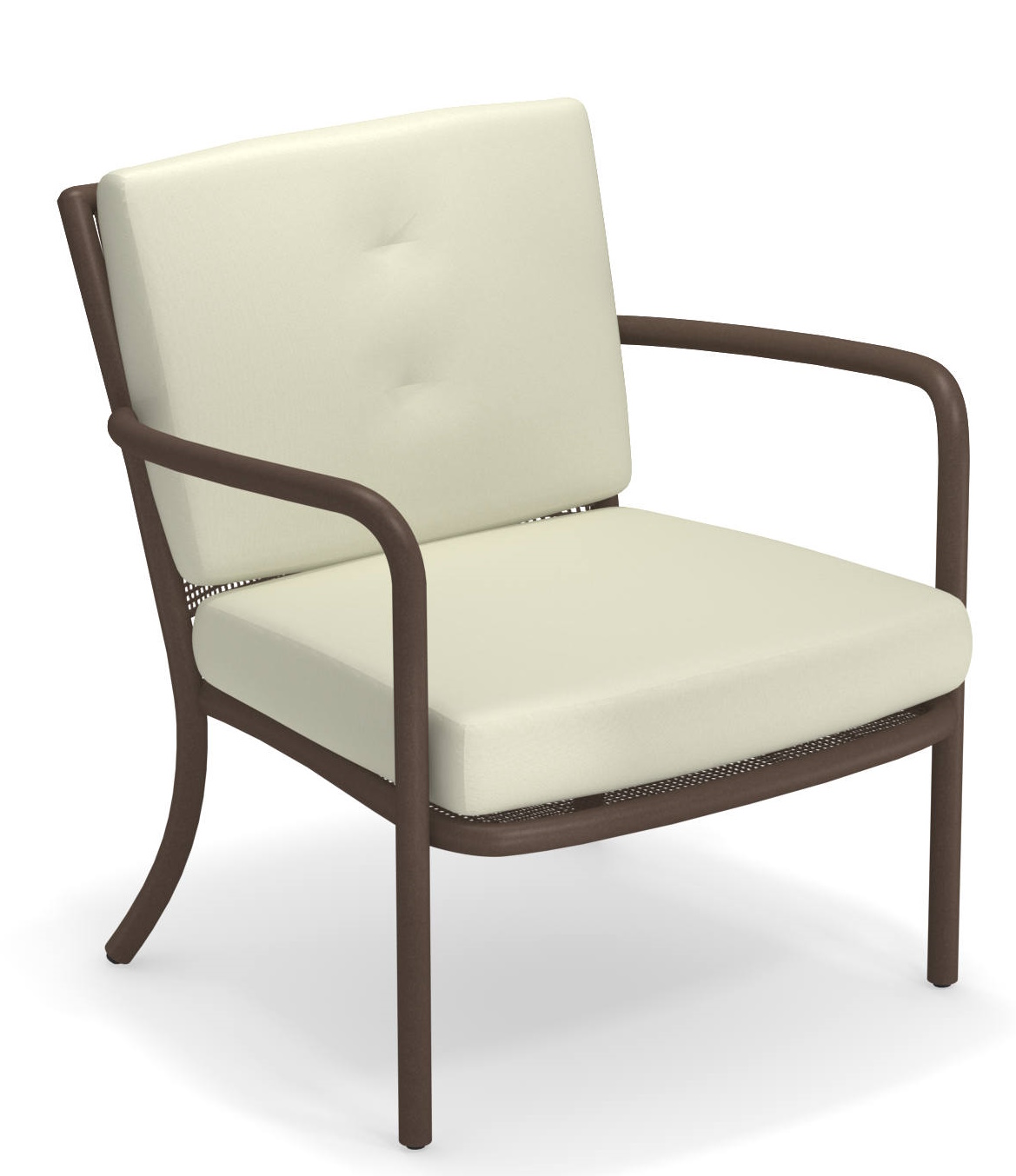Athena Lounge Chair: Sessel für den Außenbereich mit braunem Gestell und beigen Polstern.