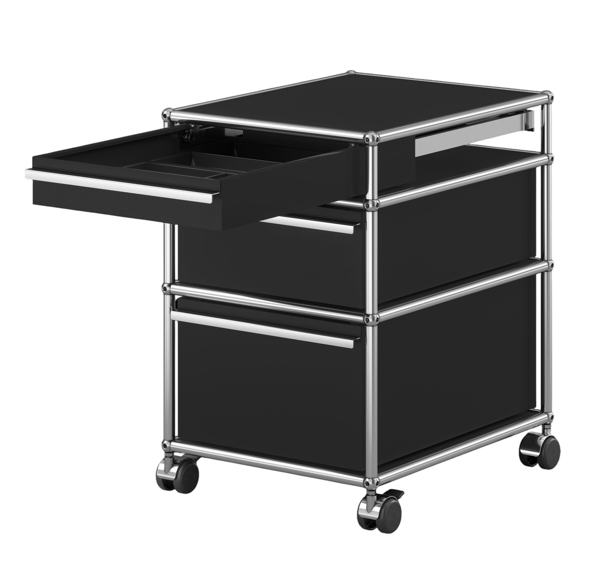Schwarzer USM Haller Rollcontainer mit drei Schubladen, eine Schublade ist geöffnet, Chromgestell und Rollen.