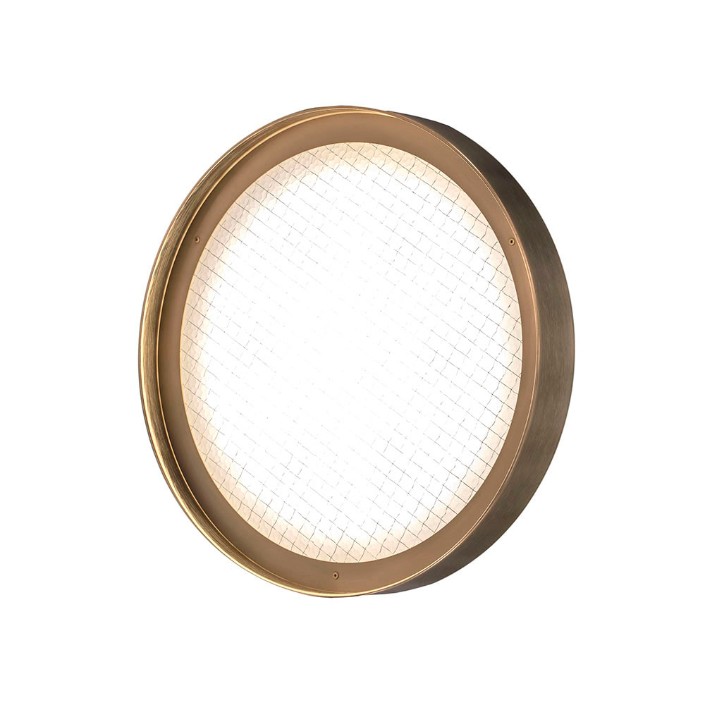 Runde Oluce Berlin Wandleuchte mit goldenem Rahmen und diffusem Licht. Design Deckenleuchte.